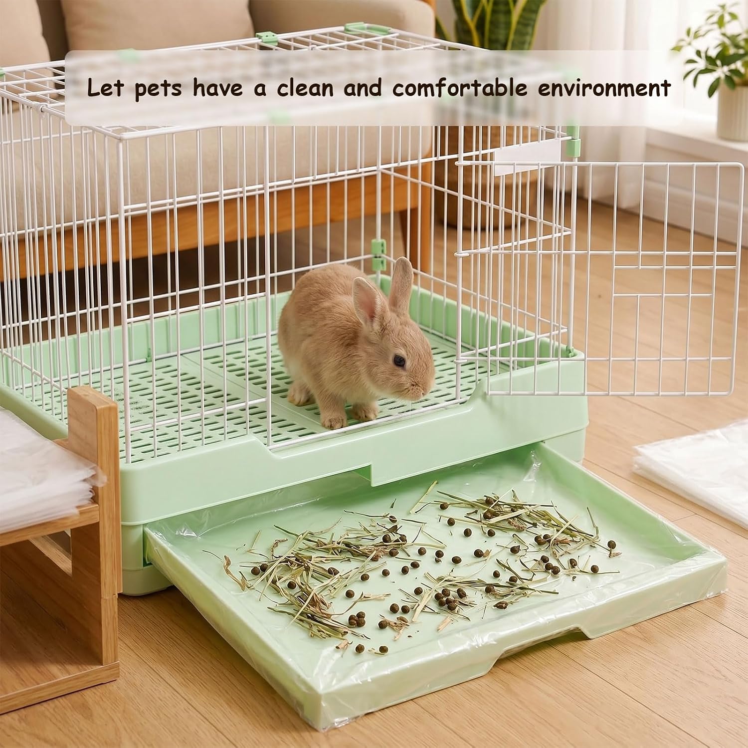 50 Pcs Disposable Small Animal Cage Liners - Clear Plastic Rabbit & Bird Cage Liners, Leakproof Guinea Pig Pet Tray Film with Hangable Cleaning Brush (39''-50P) image 5