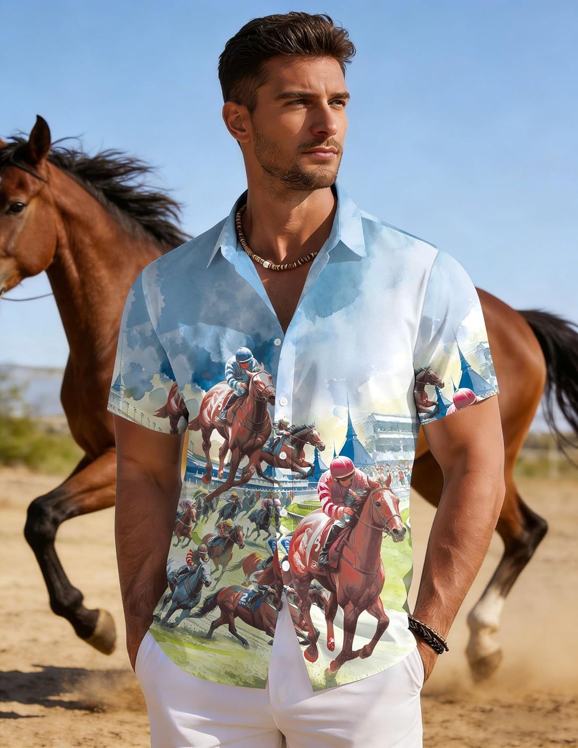 Horse Derby Shirts for Men: Horse Racing Hawaiian Shirt Summer Beach Outfit Short Sleeve Button Down Tee Tops