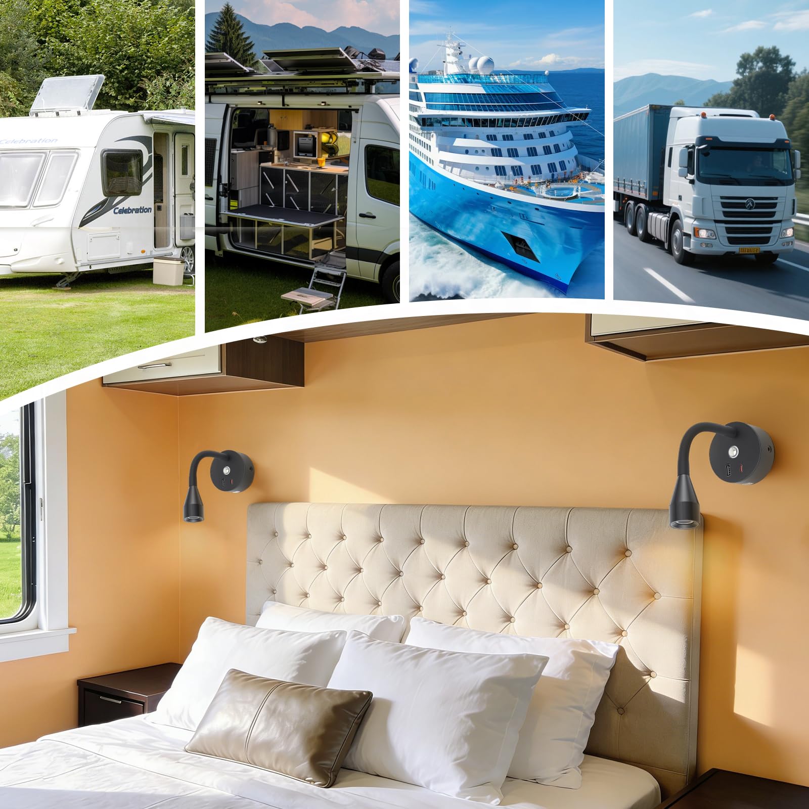 2 Piezas Luz de Lectura LED para Camper, 12V Lámpara de Lectura con Cargador USB & Type-C, Flexible Lámpara Foco de Pared para Autocaravana Furgo Barco (Negro)