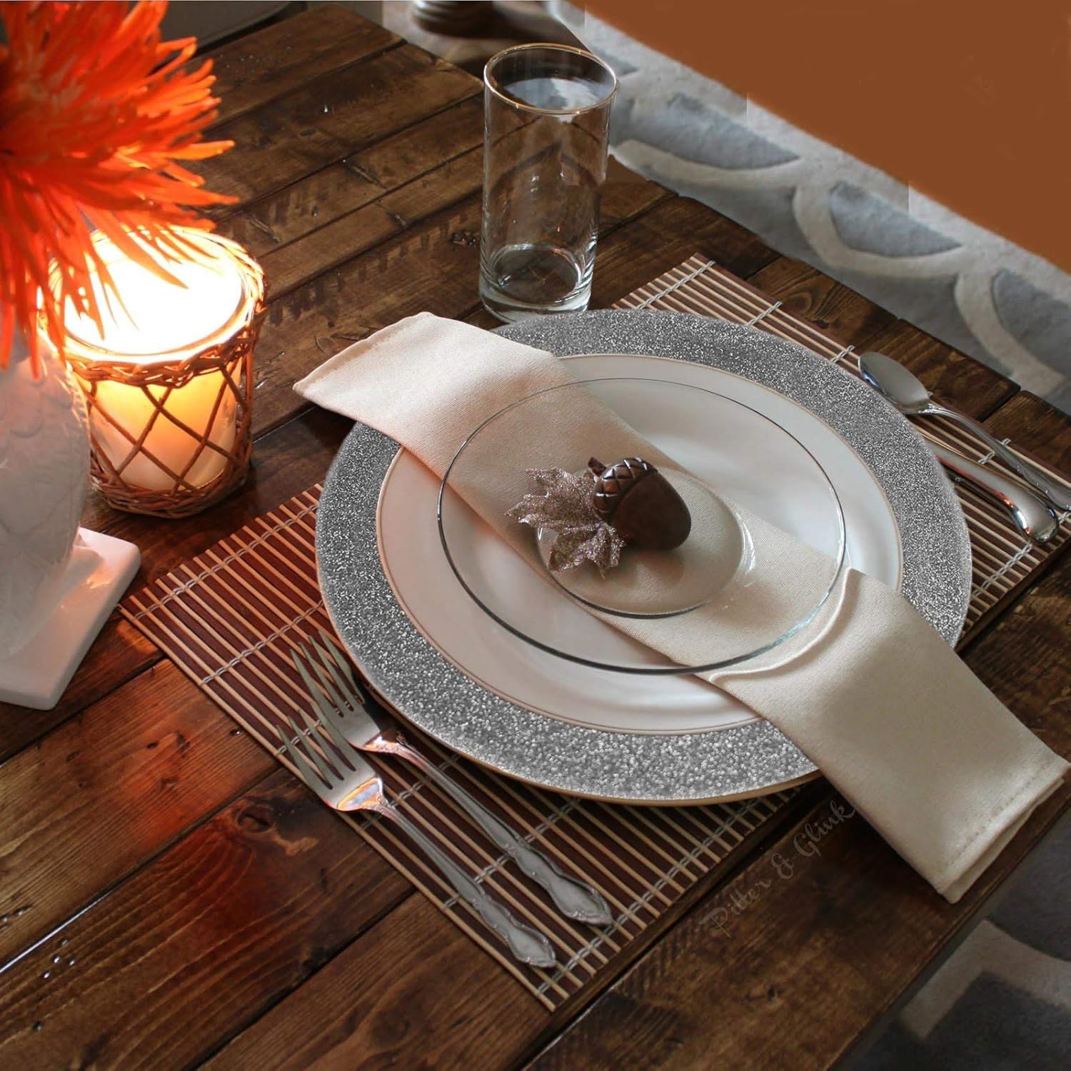 Tiger Chef Silver Charger Plates - Plate Chargers for Dinner Plates - Glitter Wedding Décor Placemats Set of 6