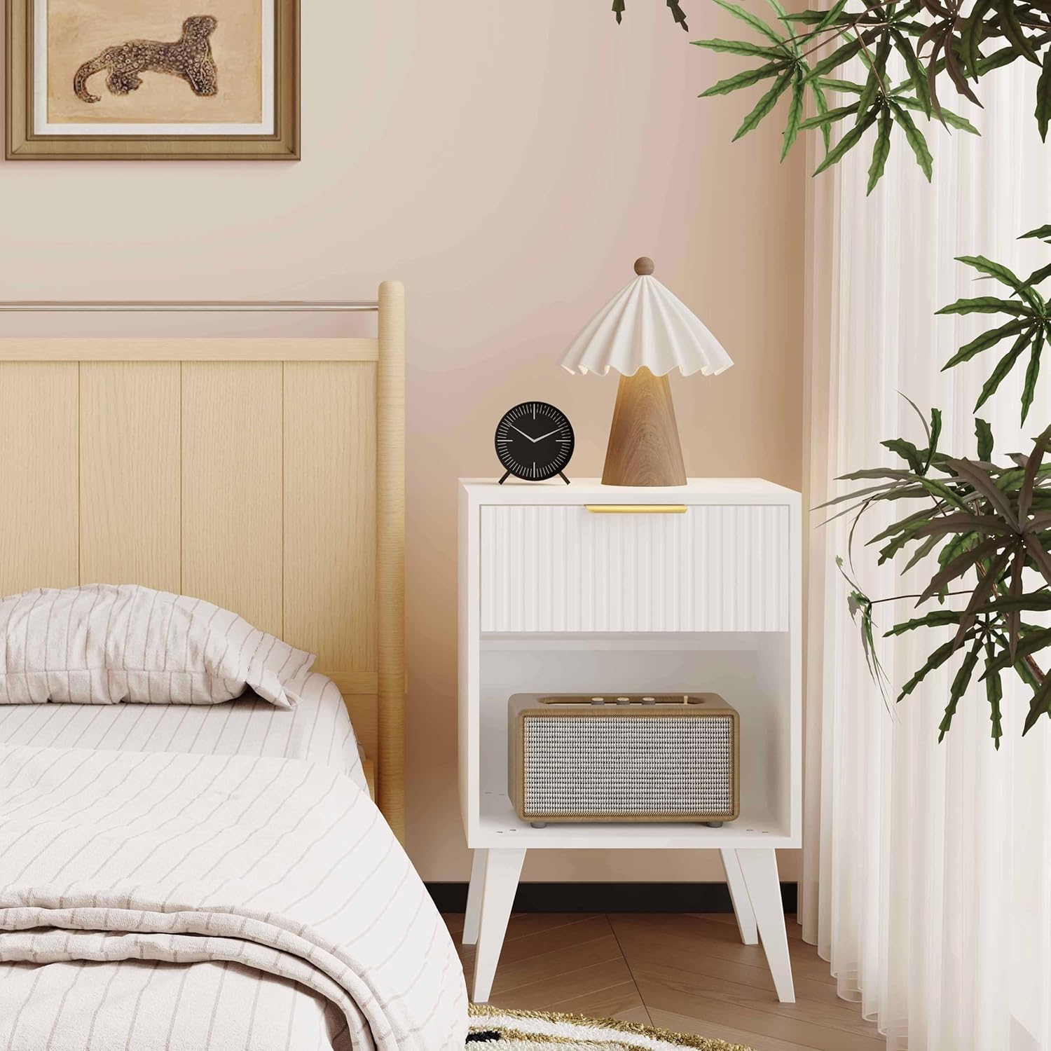 YAUKOMEL Fluted Night Stand with Opening Storage,Mid Century Bedside Table with Drawer,Modern Nightstand with Solid Wood Legs,End Table Side Table for Living Room,Bedroom,White CTG56W