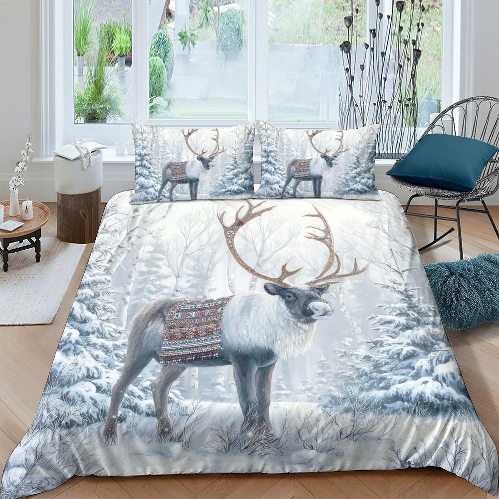 Ctjqhvkz Style-4 3D Printed Winter Reindeer Fitted Sheet Microfiber Nordic Forest Mattress Cover Anti-Slip Washable Bed Decor For Bedroom Single（135X200cm）