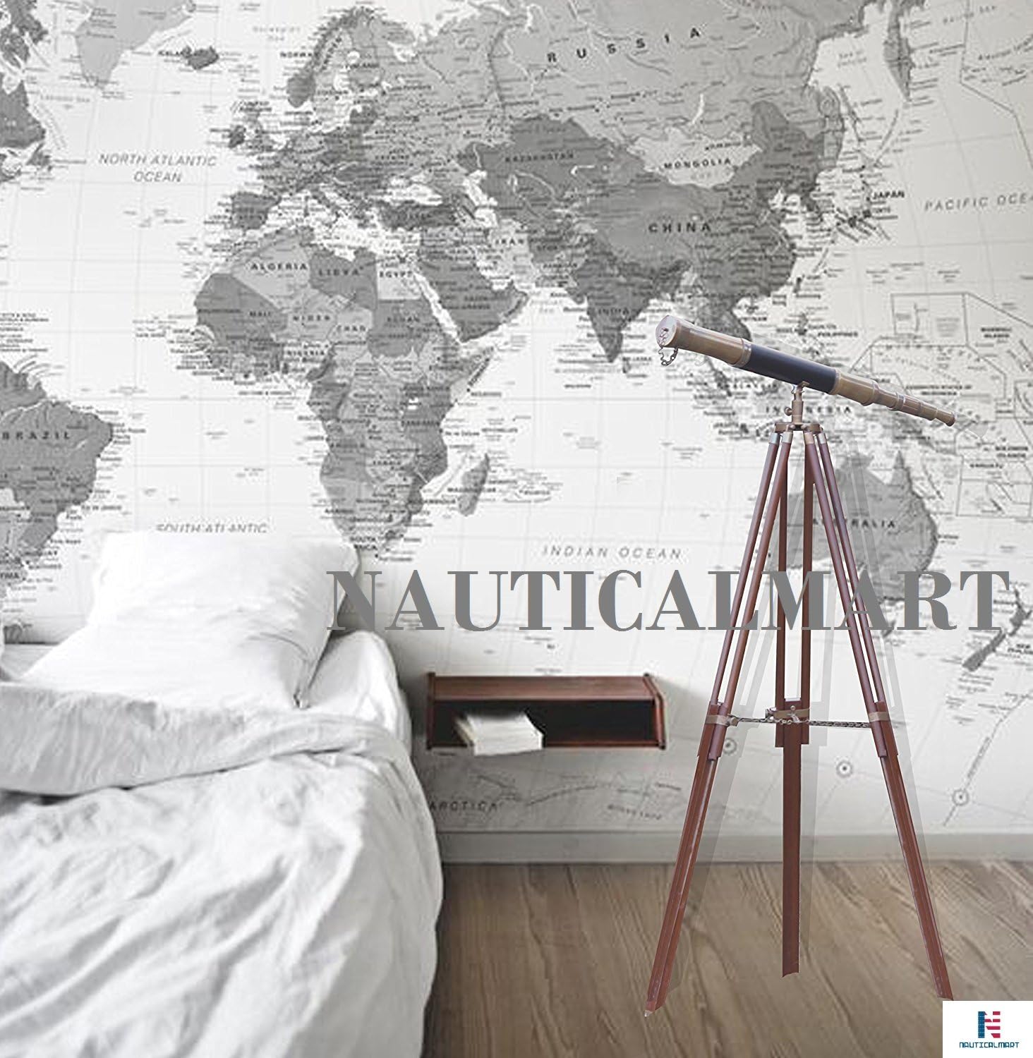 Sailor Boat Antique Floor Standing Telescope Black Leather Wooden Stand