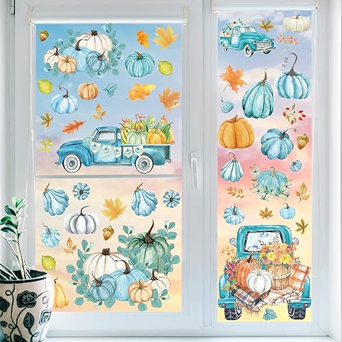 Miniatura 6 de Whaline 9 hojas de calcomanías de otoño para ventana, calabazas de acuarela de doble cara, calabazas azules, hojas de arce, camiones, calcomanías