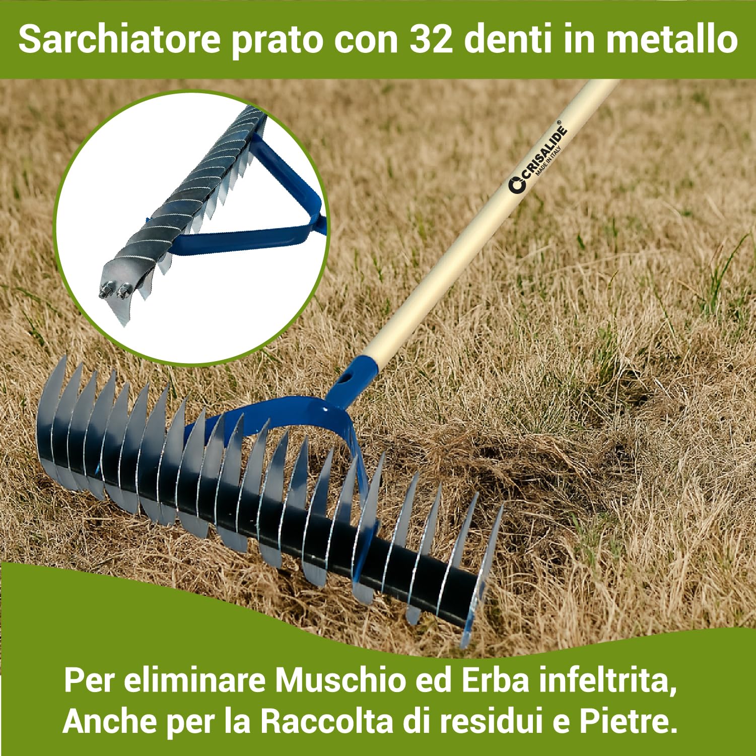 Crisalide® - Rastrello Sarchiatore Arieggiatore, Rastrello da Prato, 32 Denti In Acciaio Zincato, 35cm, Con e Senza Manico (Con Manico)
