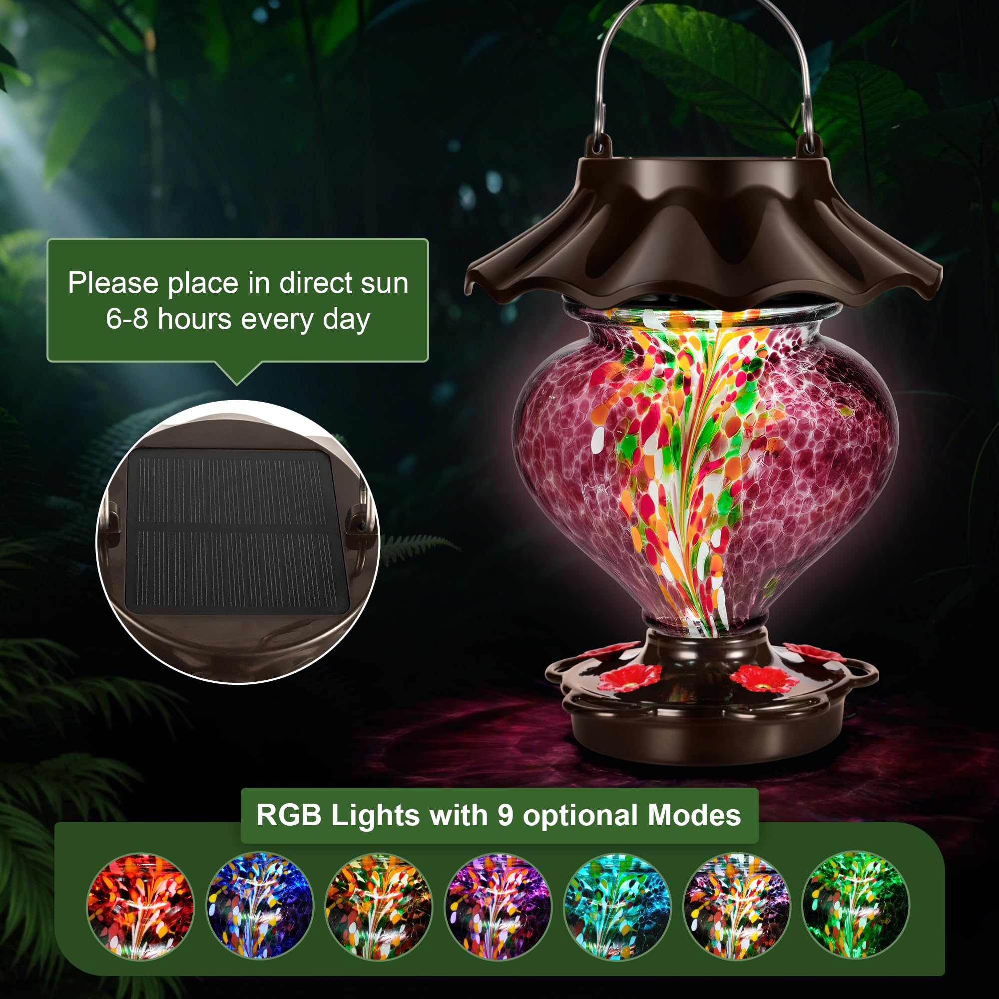 Mangiatoia solare a forma di cuore per esterni, in vetro soffiato a mano, 33 fl.oz, a prova di perdite e antiruggine, include 2 ganci per appendere, decorazione unica da giardino con LED a energia