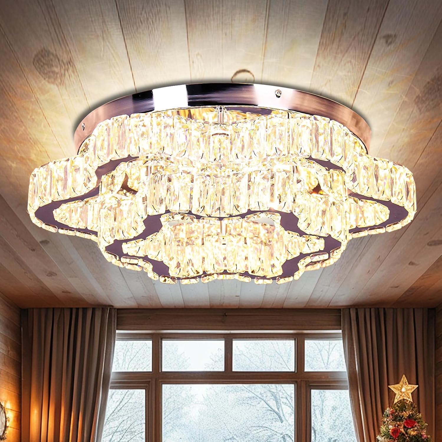 FRIXCHUR 18" Crystal Chandeliers 2-Tier Cloud Crystal Ceiling Light LED Flush Mount Chandelier Lighting Fixture for Bedroom Living Room (Warm Light)