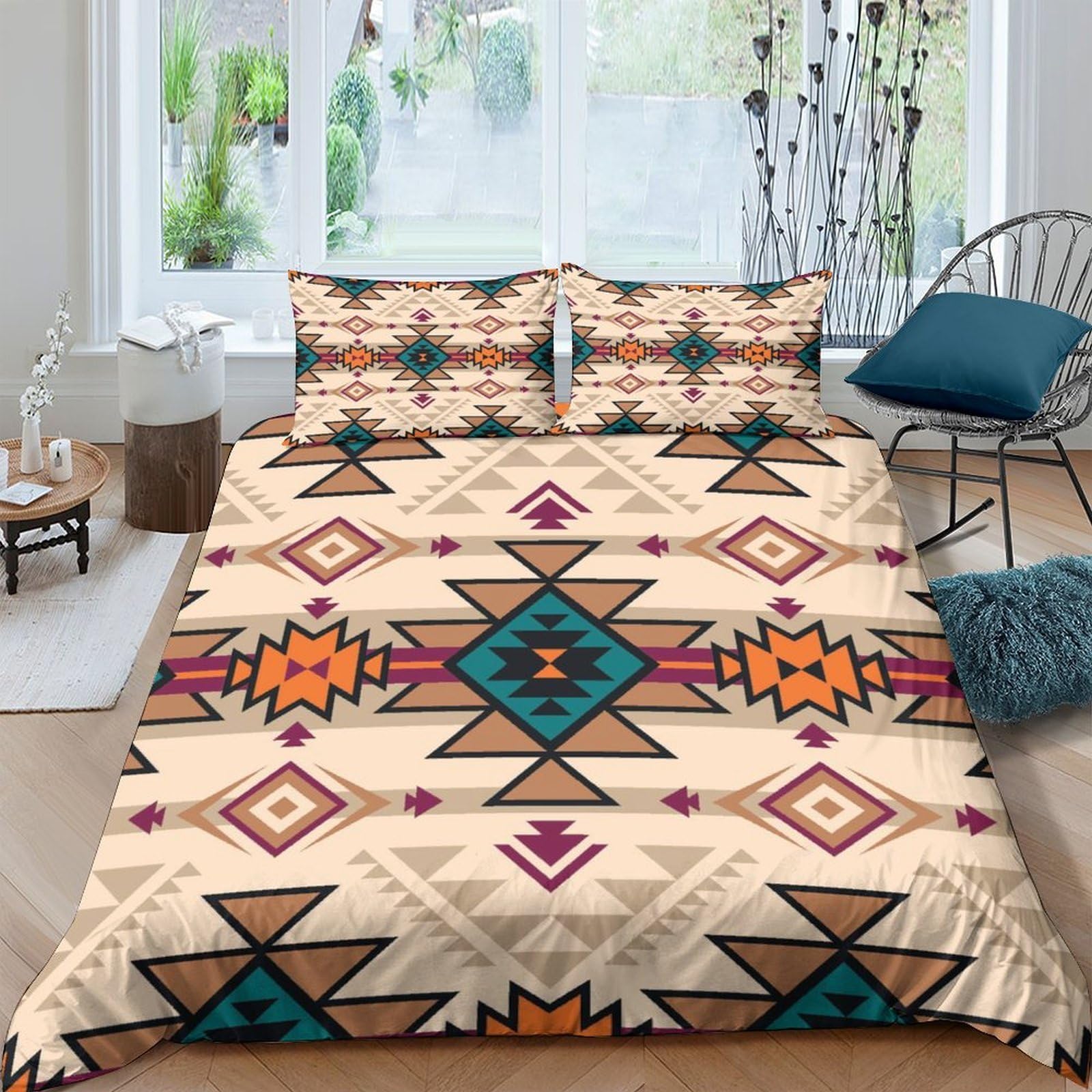 GPLZQXKJNH 3D Printed Aztec Tribal Duvet Cover Microfiber Soft Breathable Geometric Bedding Set with 2 Pillowcases for Bedroom Decor Single（135x200cm）