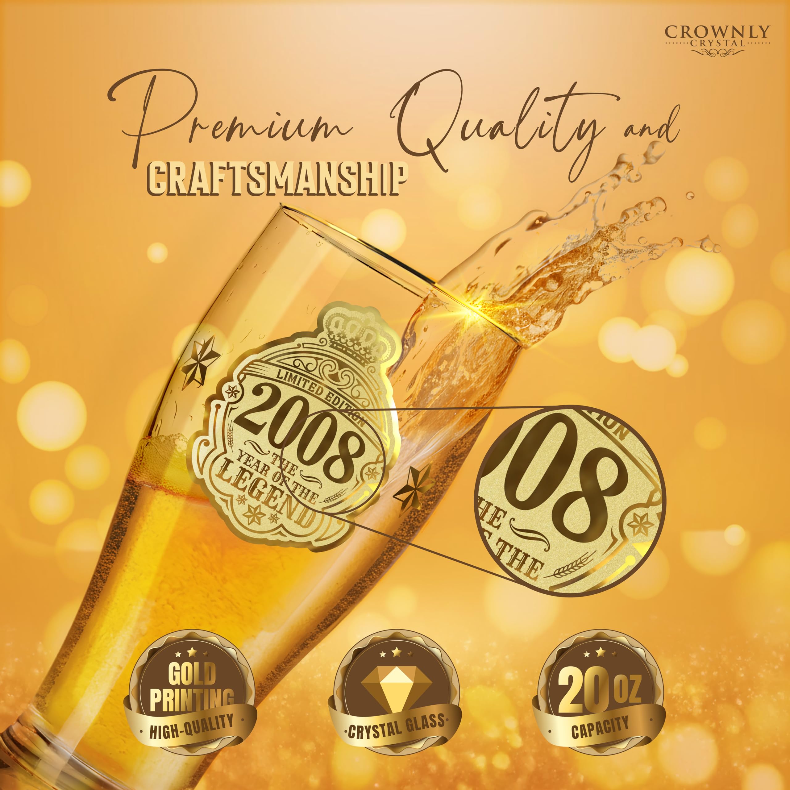 CROWNLY CRYSTAL® 2008 Regalo 18 Anni Ragazzo Bicchieri Birra 570 ml Bicchieri Personalizzati Decorazioni Compleanno 18 Biglietto Auguri 18 Anni Regalo Compleanno Uomo Regalo Amica Regalo Amico