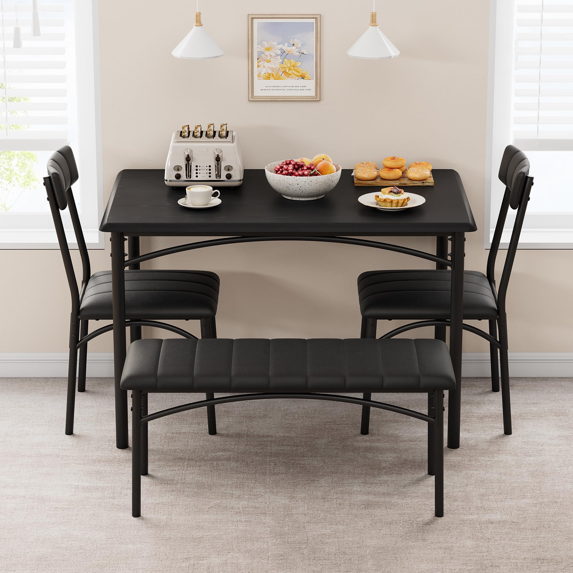 Aptliton Dining Table Set, 4 Piece Space Saving Kitchen Table with 2 Padded Chairs and 1 Bench, Compact Dining Furniture for Small Space, Apartment
