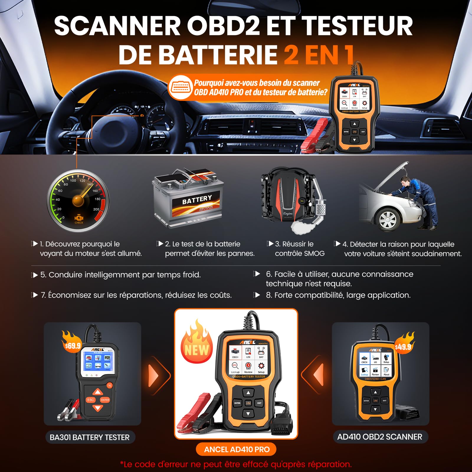 2 in 1 OBD2 Valise Diagnostic Auto et Testeur de Batterie de Voiture Ancel