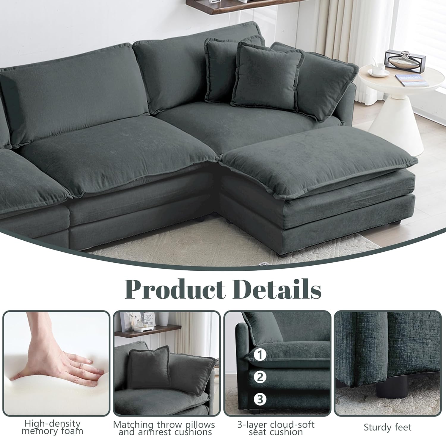 76.7" Modular Sectional Couch, Chenille Cloud Couch Sofa with Pillow and Movable Ottoman, L Shaped Deep Seat Couches for Living Room, Bedroom, Office, Apartment 3 81Oce9jbFAL. AC SL1500