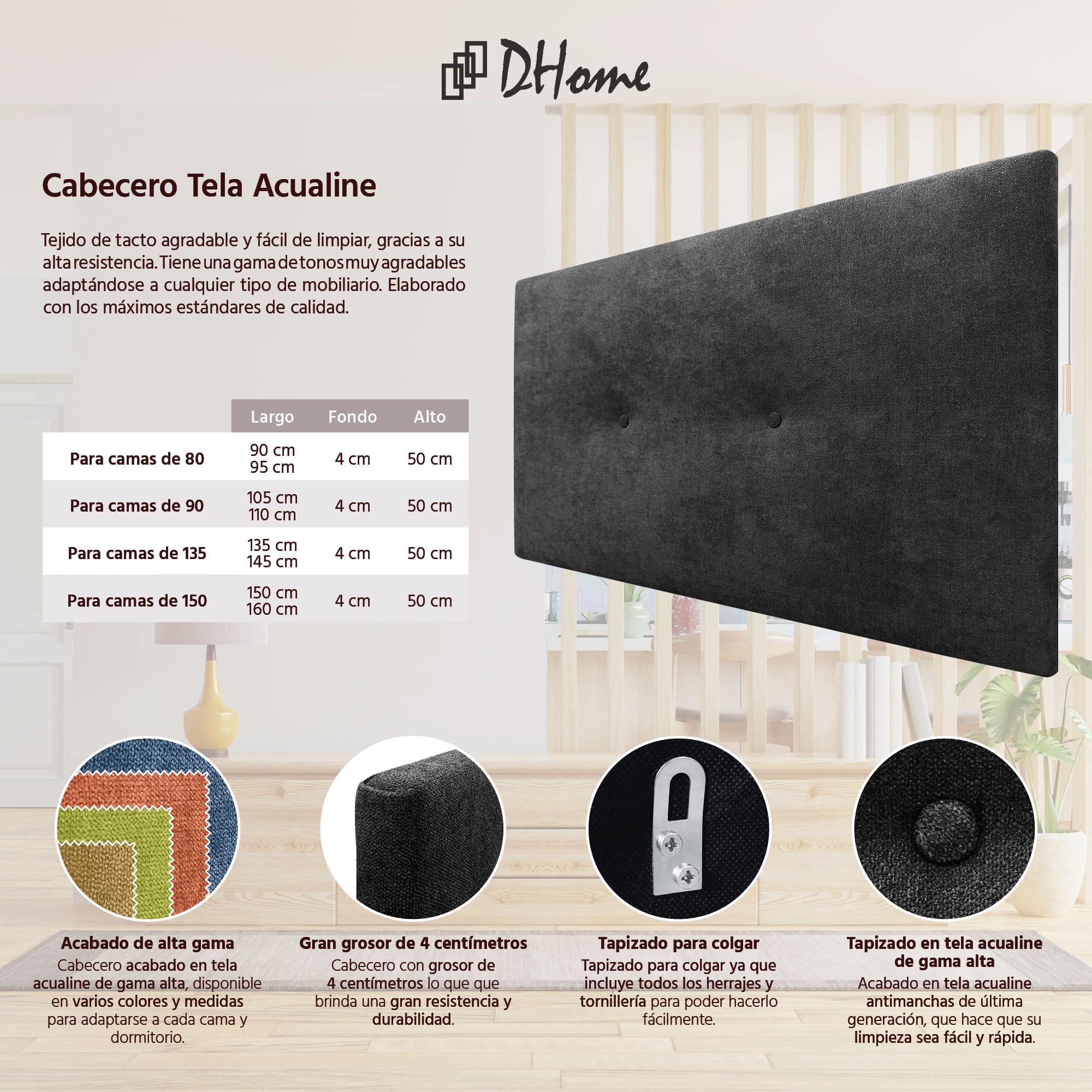 DHOME Testata in Similpelle o Tessuto Acualine Liscio con Bottoni Rivestiti in ALTA GAMMA Testata Letto di Lusso Imbottita Moderna (Tessuto Nero, 90x50cm (Letti 80/90))