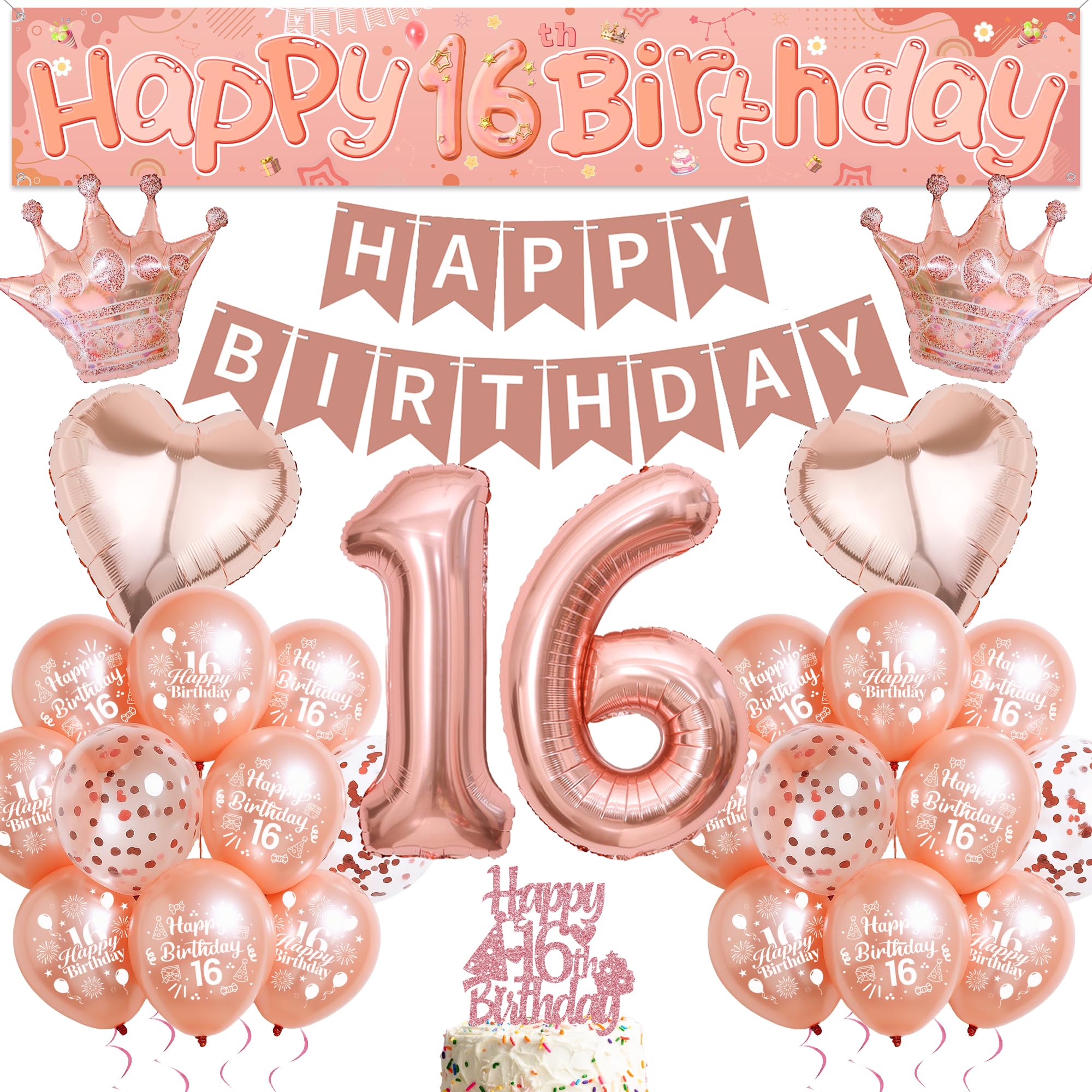 16th Birthday Decorations Balloon Set - Rose Gold Happy Birthday Banners Kit with Cake Topper, Number 16 Balloon and Yard Banner for Girls 16 Years Old Birthday Party Supplies โ image 1