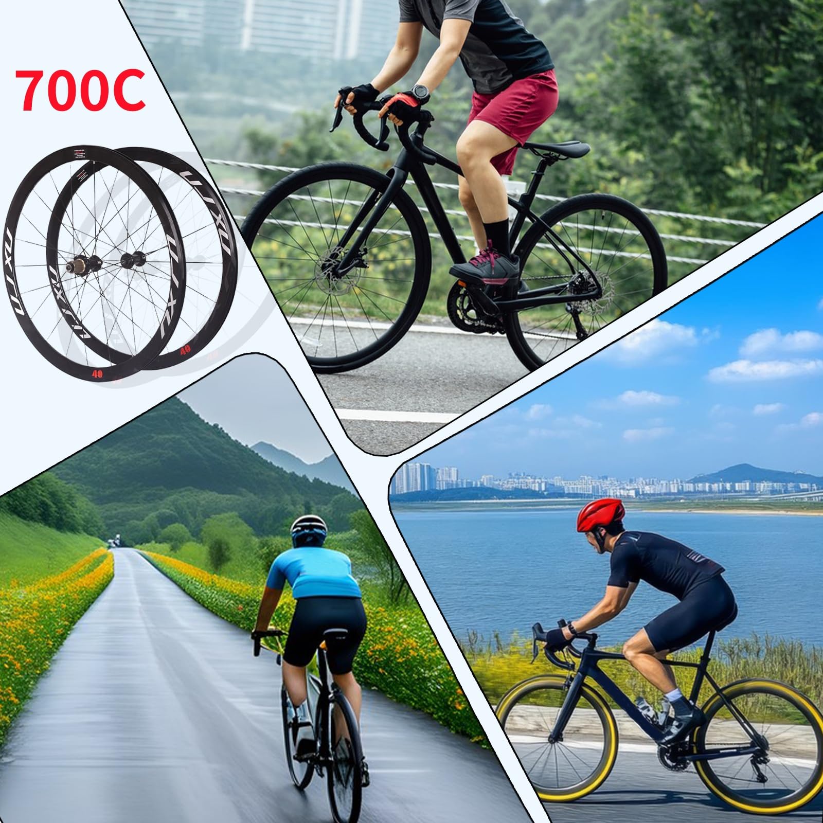 Juego de ruedas para bicicleta de carretera 700C con freno de llanta, buje de carbono, perfil de 40 mm, llantas de aleación de aluminio delanteras y traseras compatibles con 8/9/10/11 velocidades.