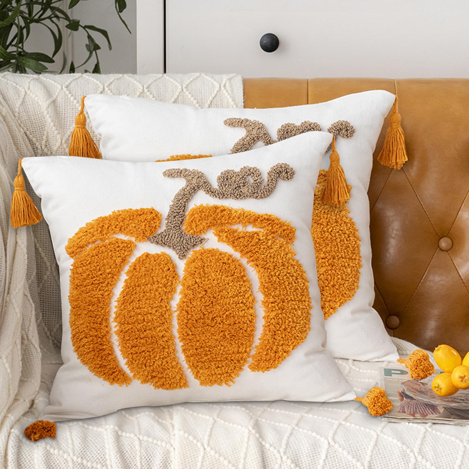 Herbst Kissenbezug-Set Mit Kürbis & Ahornblatt – 2 Stück, 45x45 Cm, Plüsch, Für Halloween & Wohnzimmer