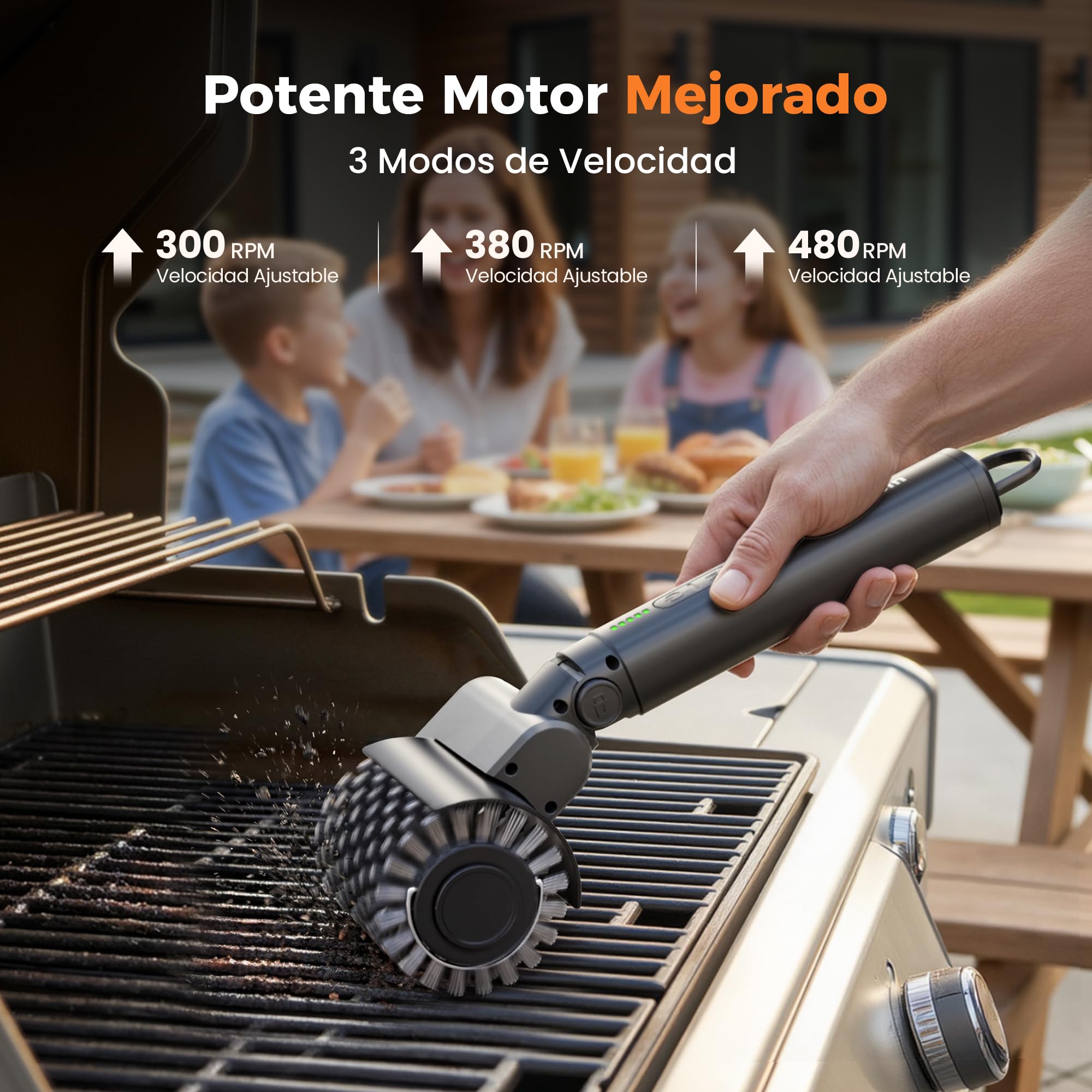 Leebein Cepillo Eléctrico para Barbacoa, 2026 Cepillo Electrico Limpieza Hogar 3 Velocidades & Ángulo Ajustable con 3 Cabezas, 150 Min de Autonomía, Resistente al Agua y Altas Temperaturas