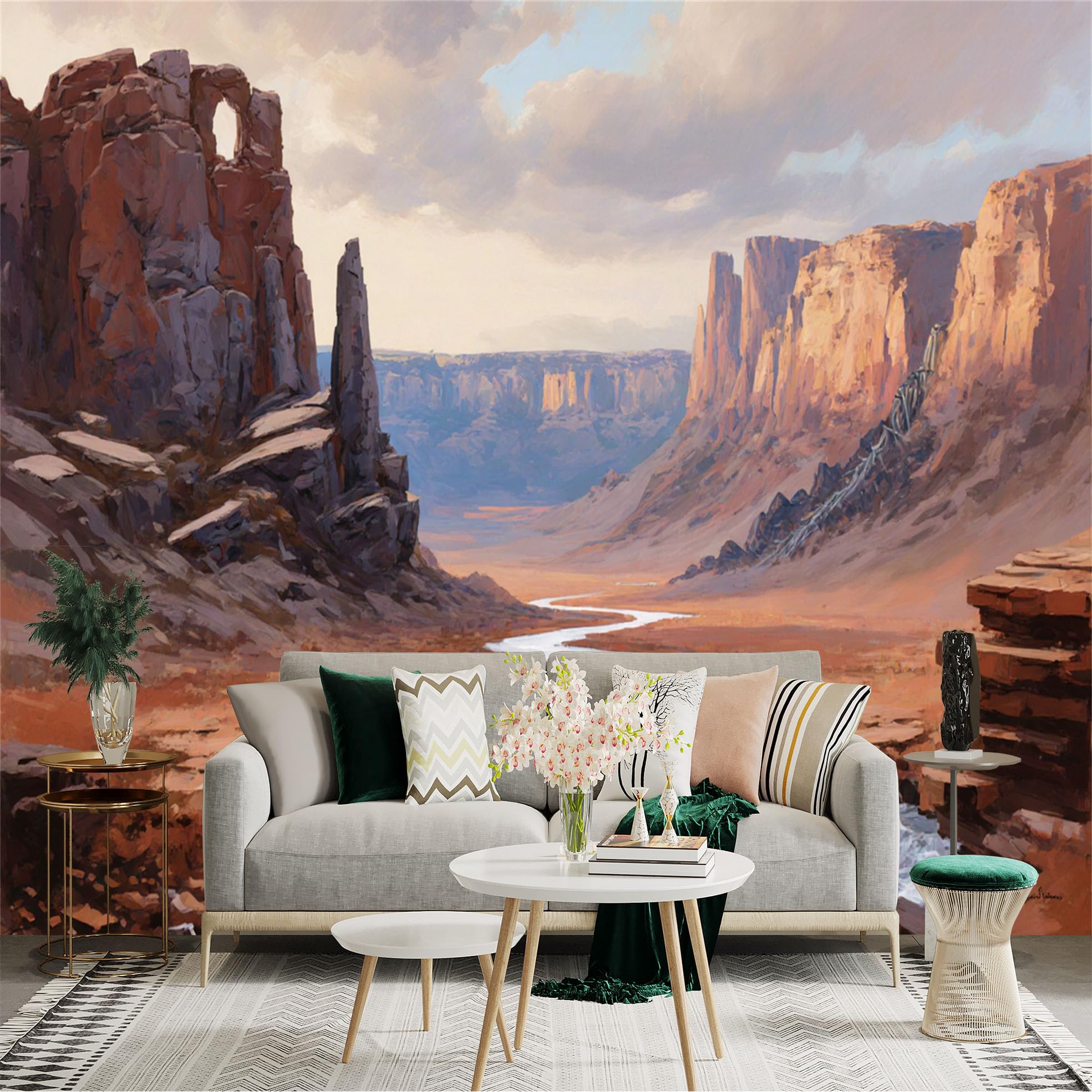 Lnzczhyre Xc260505779 Custom Size Wall Sticker Mural， Majestic Desert Canyon With Flowing River， Red Rock Formations And Mountain Scenery， For Wall Decoration， Peelandstick Wall Decals.