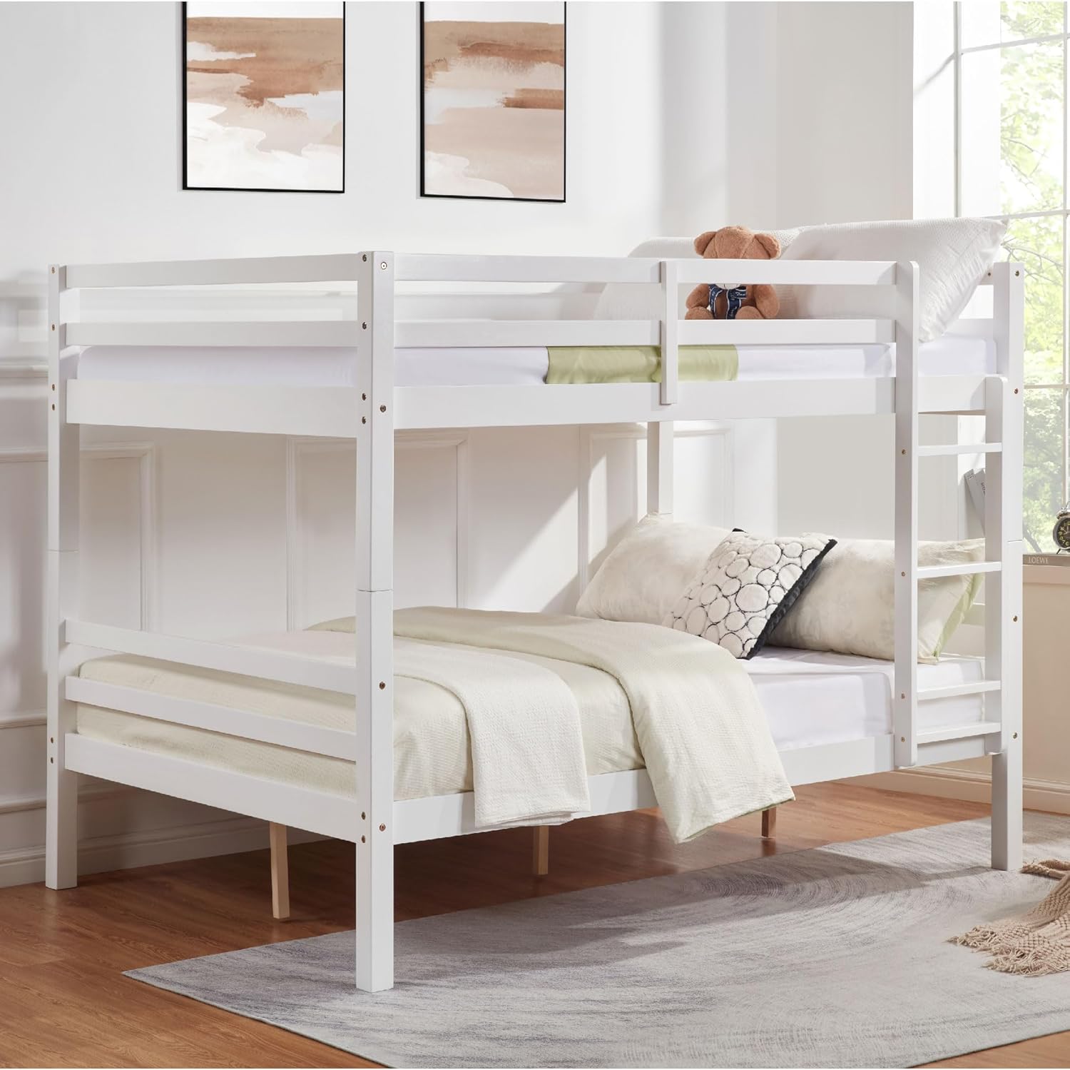 FLEXISPOT Full Over Full Solid Wood Bunk Bed with Thick Posts,Wooden Bunk Bed with High Guardrail and Ladder for Kids, Teens, Dorm Rooms, and Guest Rooms,No Box Spring Needed,White
