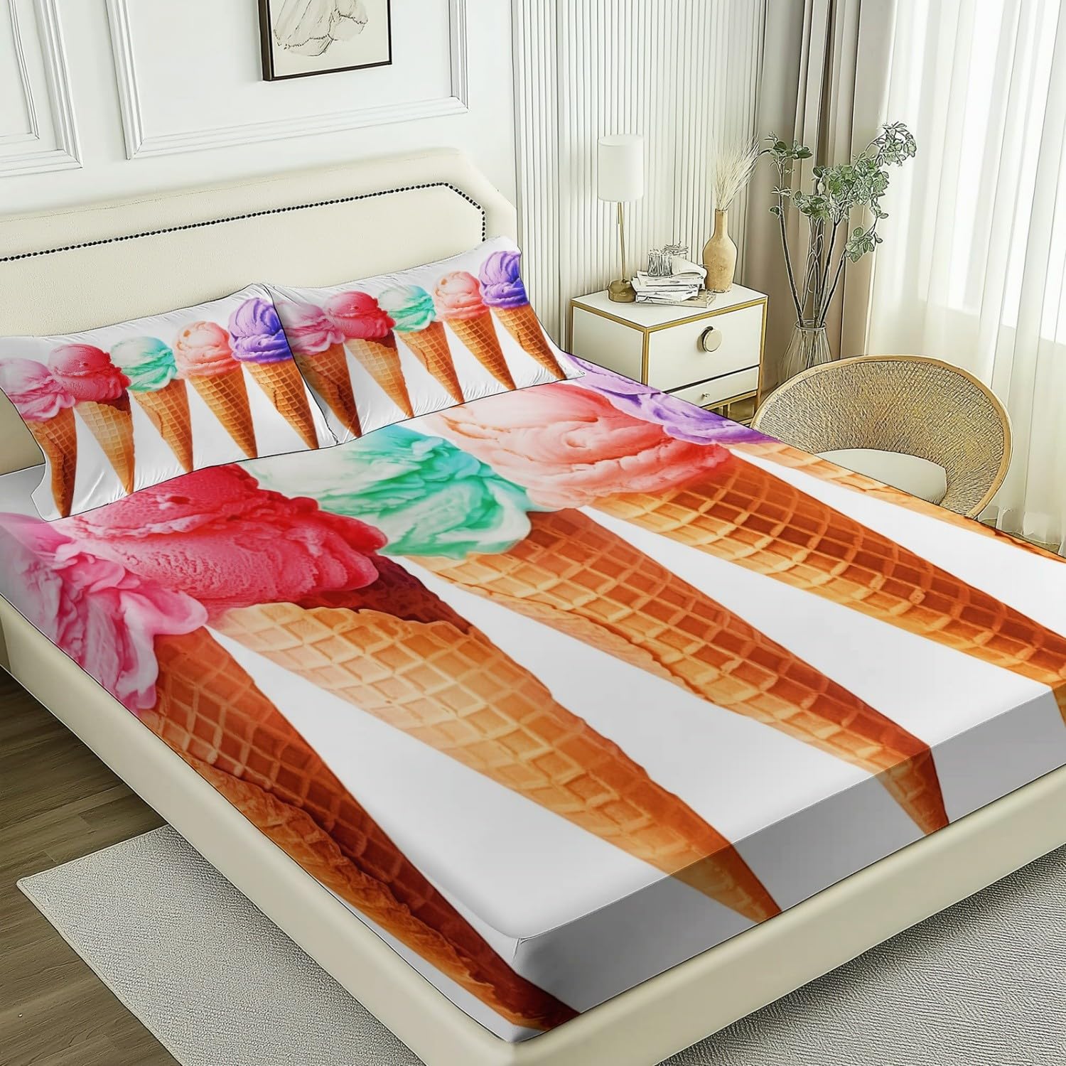 Drap Housse Set Simple Glace À L'Aquarelle Thème, Blanc Drap-Housse Respirant Résistant avec 2 Taies d'oreiller, 140 x 190 cm Drap de Lit Convient aux Matelas Jusqu'à 30 cm D'épaisseur