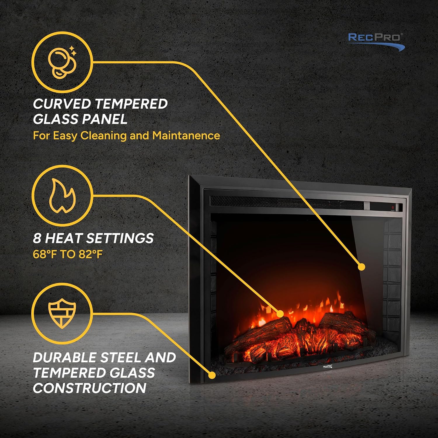 RecPro RV 30" Recessed Electric Fireplace | Glass with Log View | 120 Volt | Remote Included | Recessed Mount| for Camper, Trailer, Home & More