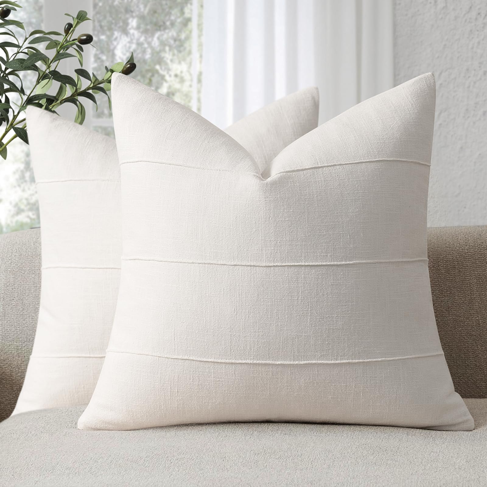 ZWJD Decorative Linen Cushion Covers 40x40 Set of 2 Solid Handcrafted Striped Throw Pillow Covers Soft Modern Farmhouse Neutral Cushion Covers for Sofa Bedroom Living Room Home Decor (Cream Whit)