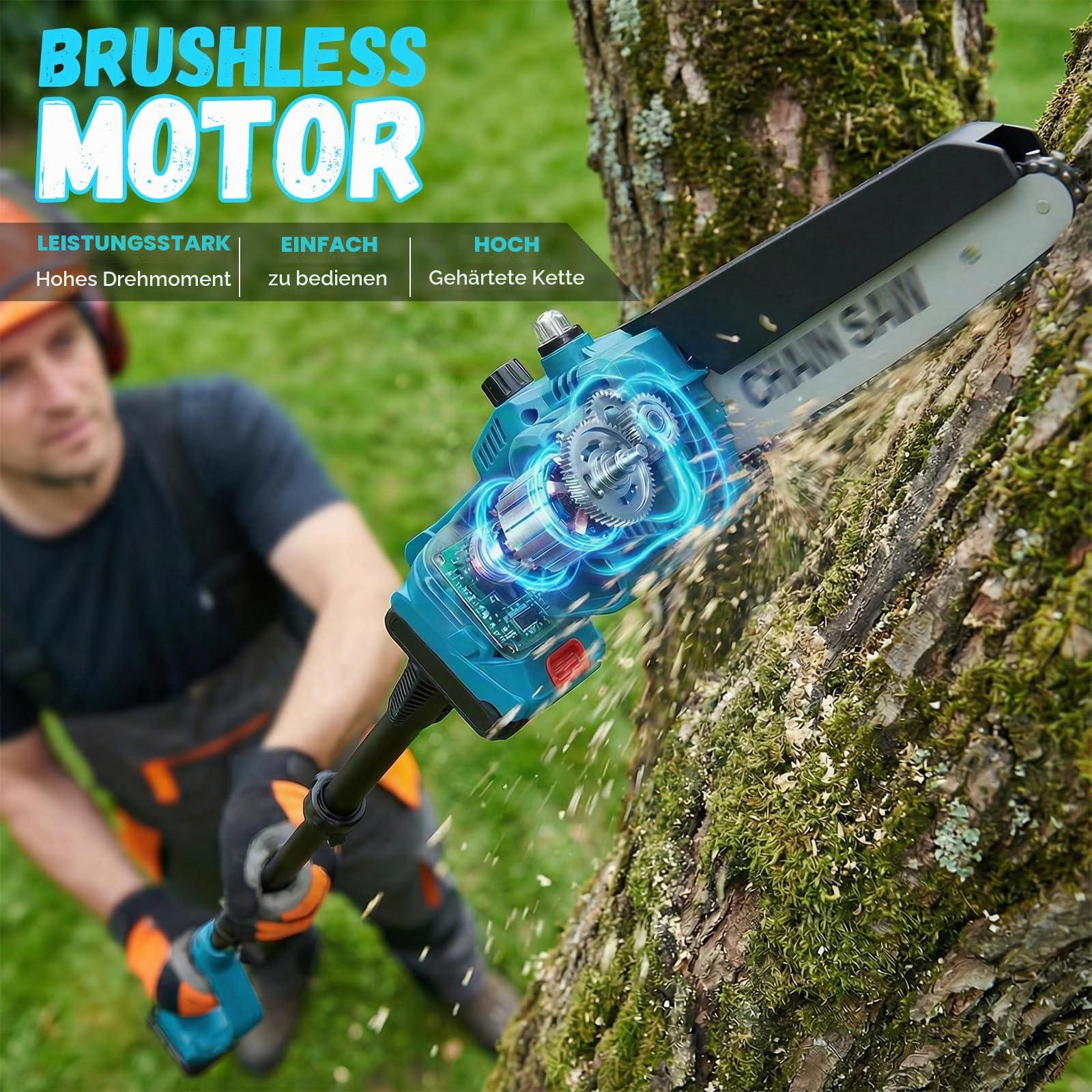 2-in-1 Akku-Kettensäge mit Teleskopstange, 8 Zoll (20 cm) Mini-Kettensäge, Teleskop Elektrische Astsäge, Kabellos & Bürstenlos, Maximale Arbeitshöhe 4,5 m für Baum und Astschnitt