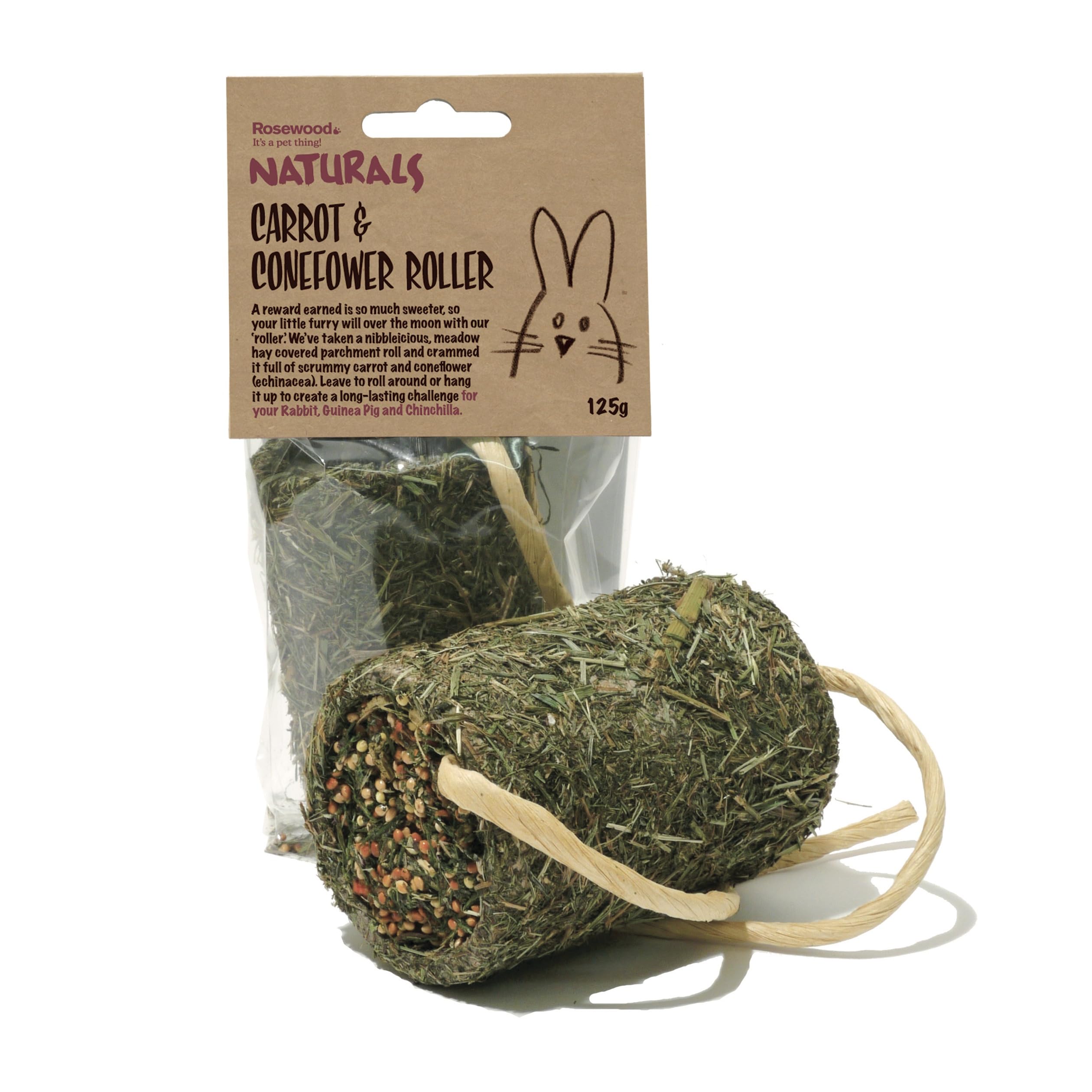 Rosewood Naturals Carrot & Coneflower Roller, Small Animal Treat and Gnaw Toy for Rabbits, Guinea Pigs, Chinchillas, Degus, Hamsters, Gerbils, Mice and Rats, 125g