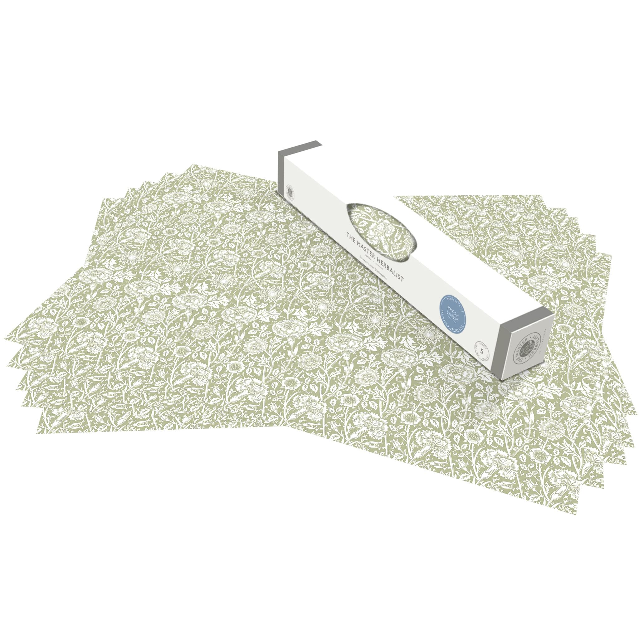 The Master Herbalist Fragrant Fresh Linen Scented Drawer Liners in a Sage Green | William Morris Design | Pack of 5 Sheets (Rolled) | Contains Essential Oils | Made in The UK — image 1