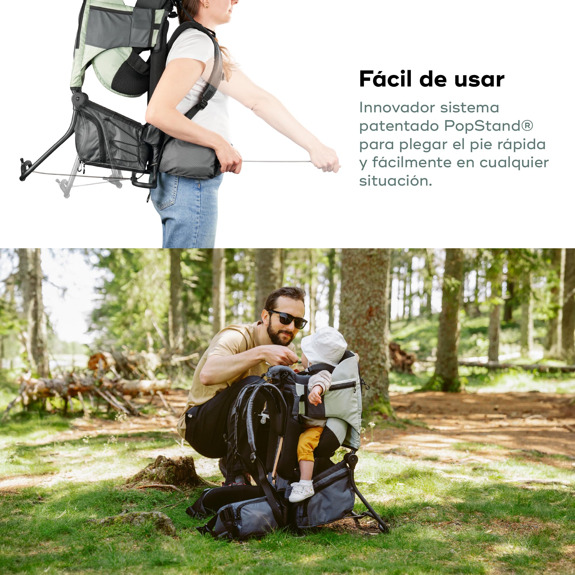 Babymoov Mochila portabebés para senderismo Moov & Hike: ergonómica con asiento ajustable y reposacabezas acolchado, con capota, bolsa de almacenaje 10l (Verde)