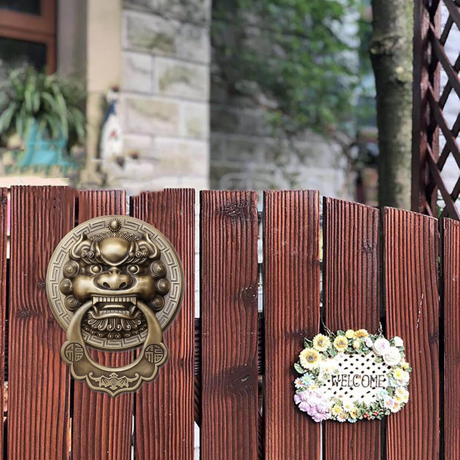 Retro Door Knocker Decorative 5in 6in 8in 10in Large Round Door Knocker with Vintage Lion Head, Metal Door Handle for Front Door, Brass Gate Handle for Furniture Cabinets Drawer(Diameter 13.5cm/5.3")