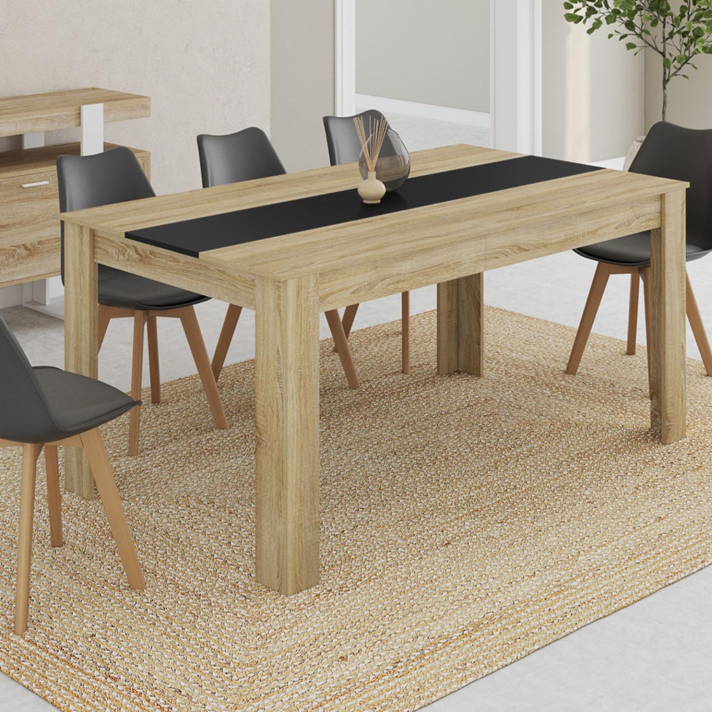 IDMarket - Tavolo da pranzo rettangolare GEORGIA per 8 persone in simil-faggio e nero 160 x 80 cm