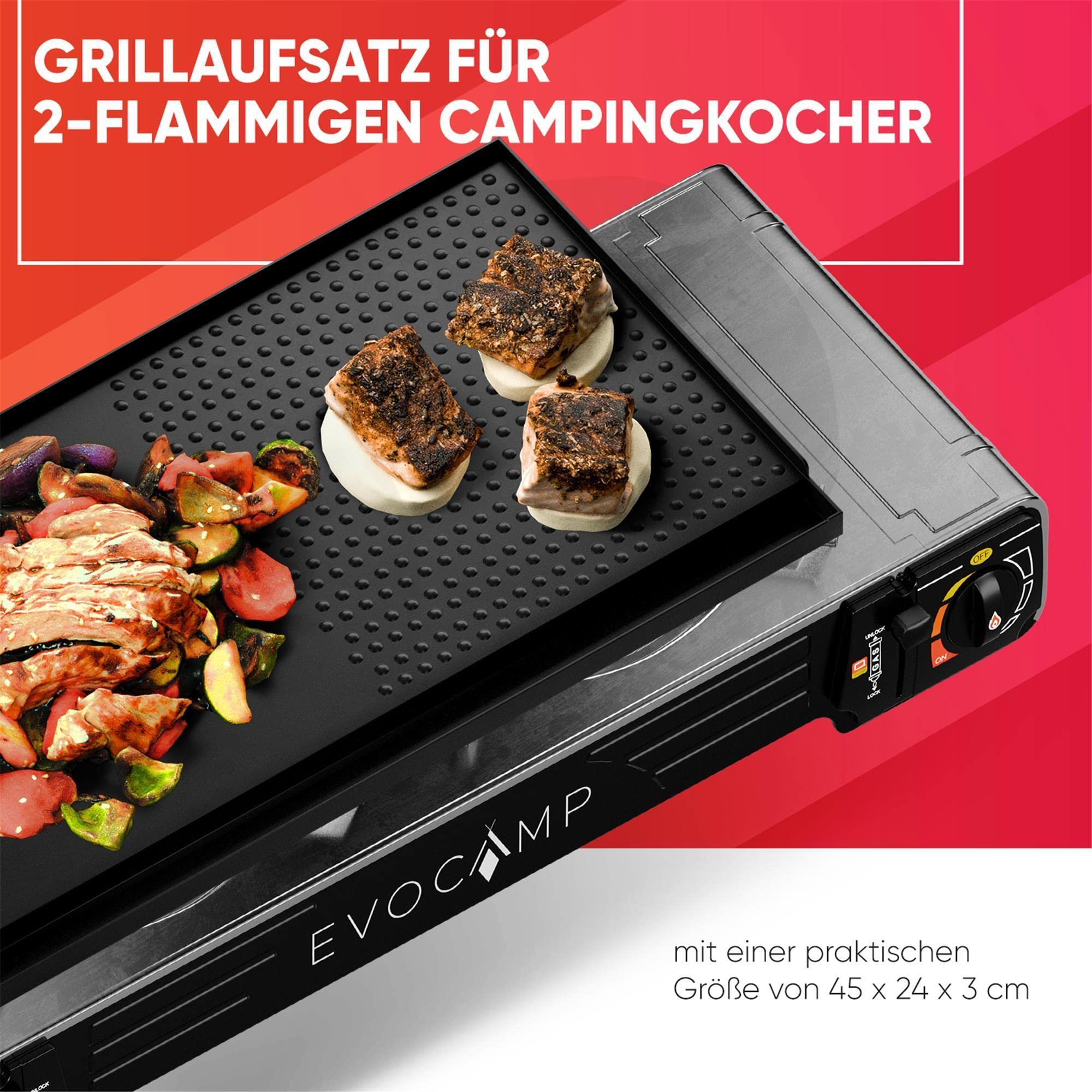 Grillplatte Aufsatz für Gaskocher eckig 45x24 cm, antihaftbeschichtete Grillpfanne für Campingkocher, Grillmatte BBQ, Camping und Gasgrill, Campingkocher Zubehör, Grillschale, Plancha Schwarz