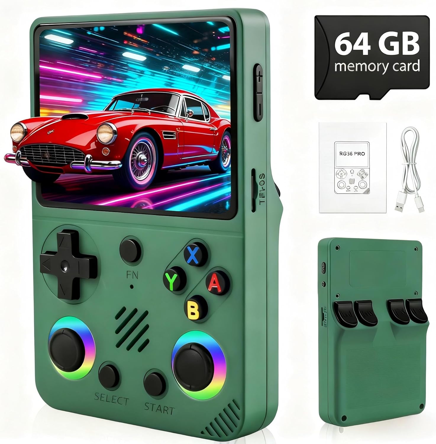 RG36PRO Handheld Game Console - Support 30000+Classic Games, 64G TF Card, Open Source System, 3.5-Inch Screen, 3000mAh Battery, Portable Console for Travel, Gift for Adult or Partner-Green