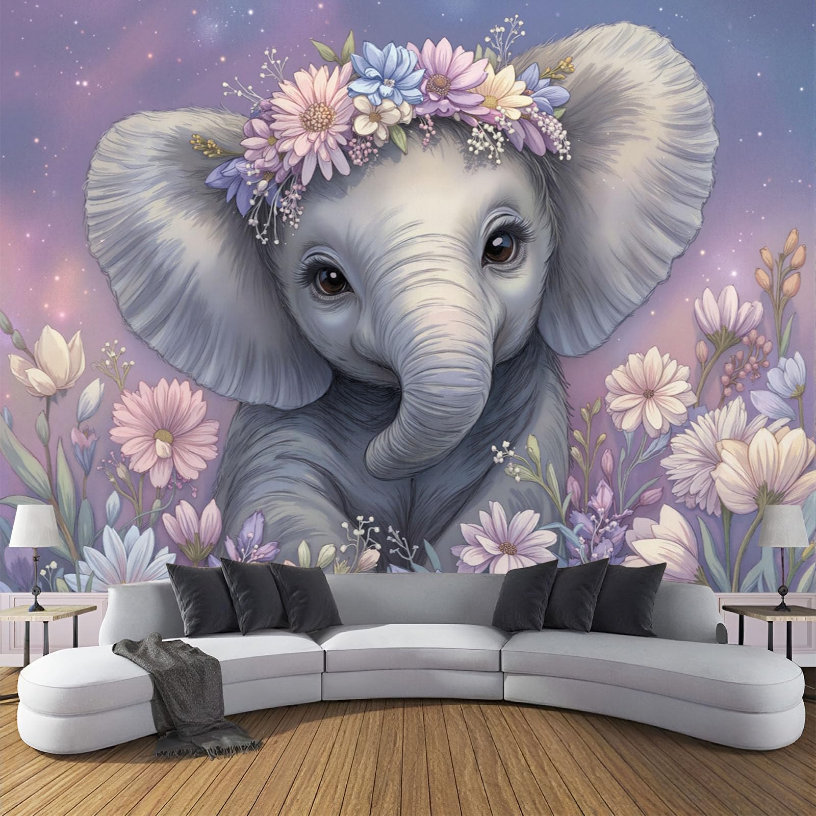 Papier peint panoramique éléphant violet 300x210 cm pour chambre d'enfant