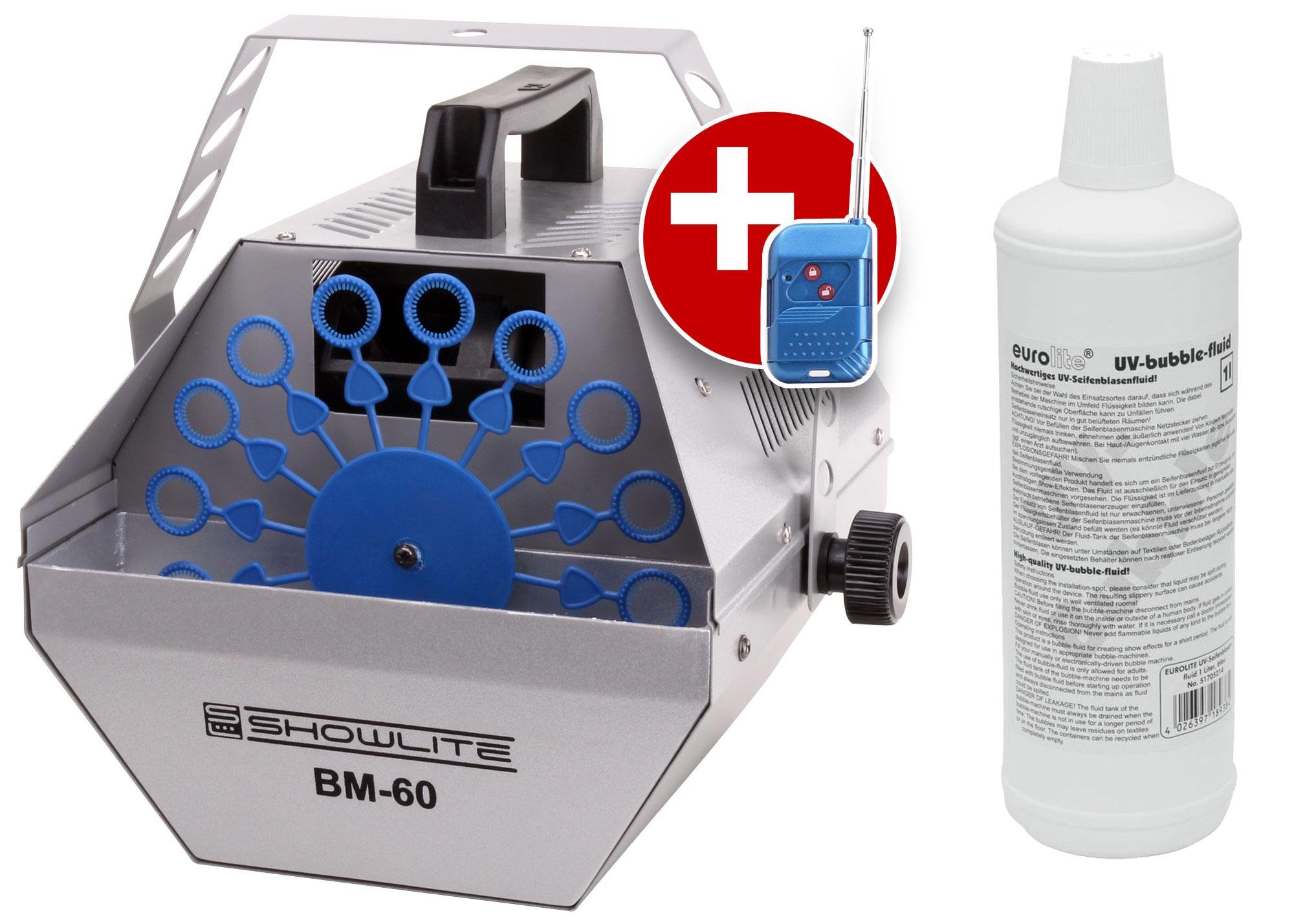 Showlite BM-60 Macchina per Bolle di Sapone 60W con Telecomando Wireless e 1L Eurolite Fluido UV blu (serbatoio 0,6l, 2-3 ore di funzionamento a serbatoio pieno, effetto festa, bolle da discoteca)