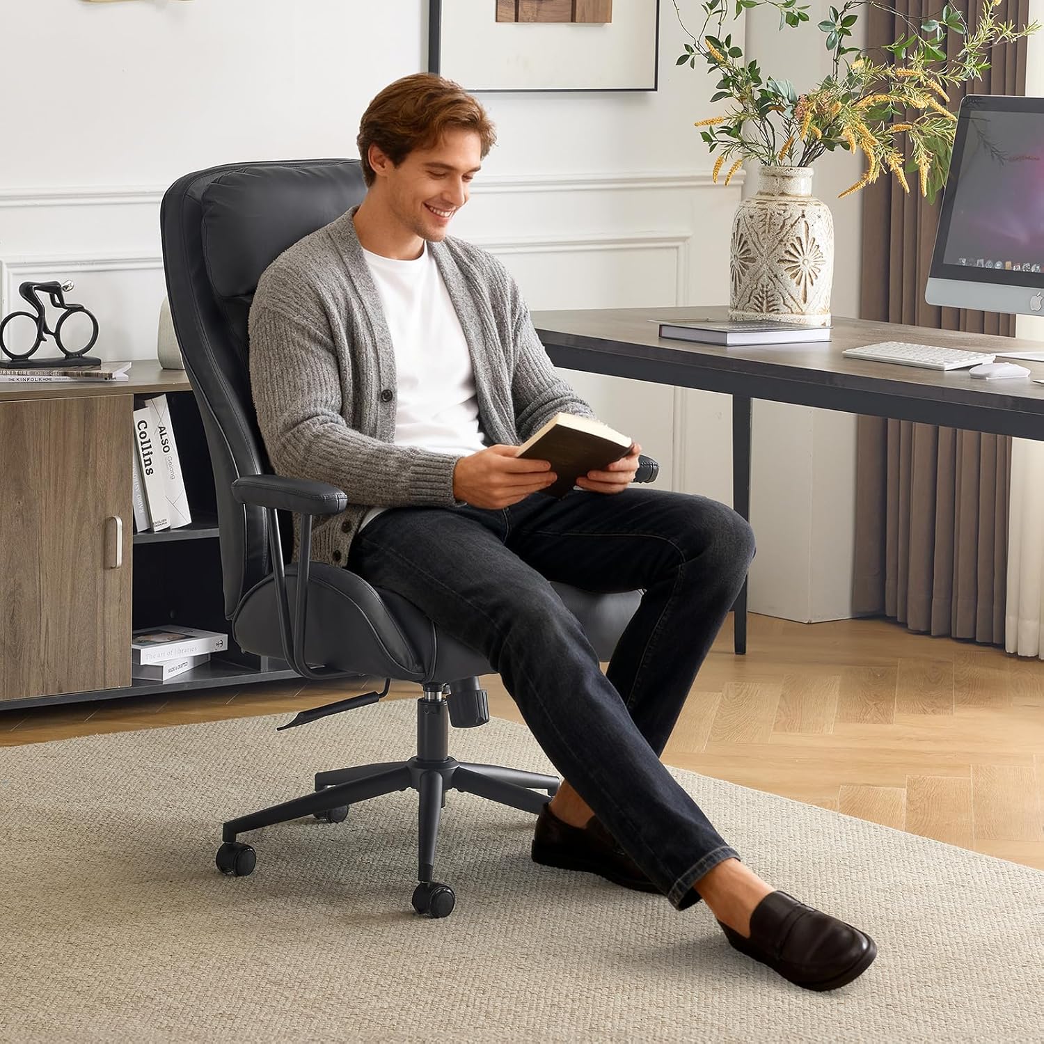 VINGLI Executive Ergonomic Office Chair with 100-130° Reclining, High-Back Desk Chair with Adjustable Base & Headrest Support & Wheels, Comfy Gaming Chair for Computer, Home Office, Pu-Leather, Black - Thumbnail 3