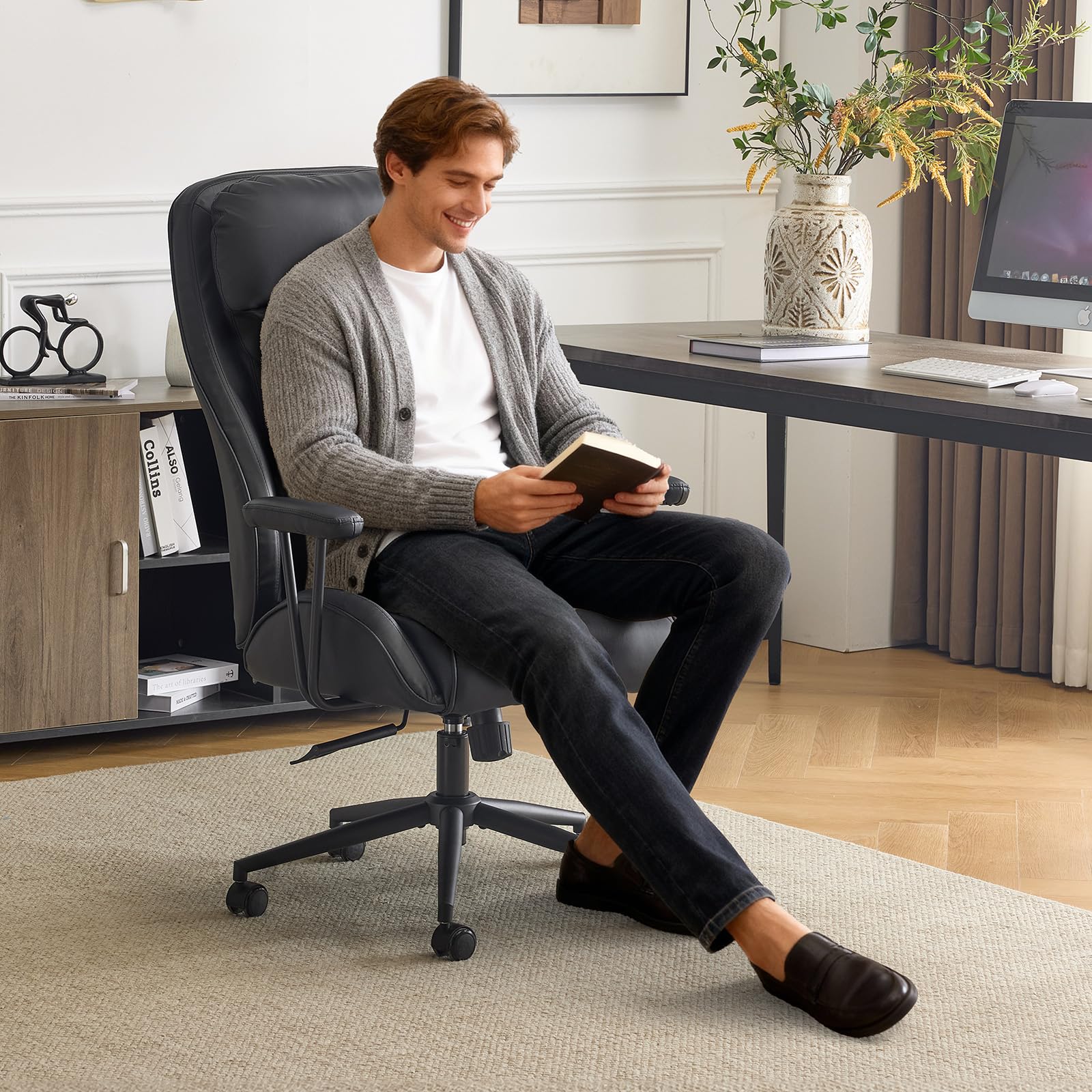 VINGLI Executive Ergonomic Office Chair with 100-130 Reclining High-Back Desk Chair with Adjustable Base Headrest Support Wheels Comfy