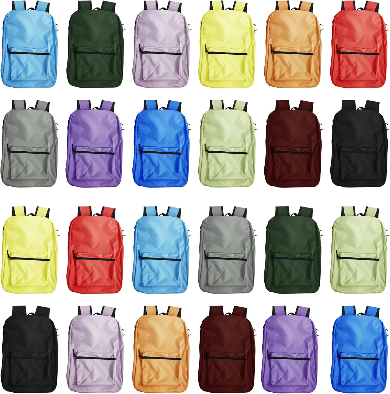 Winterlace 24 Pack Bulk Backpacks for Kids | 17” Childrens Boys Girls Zippered School Bags (Assorted Solid Colors)