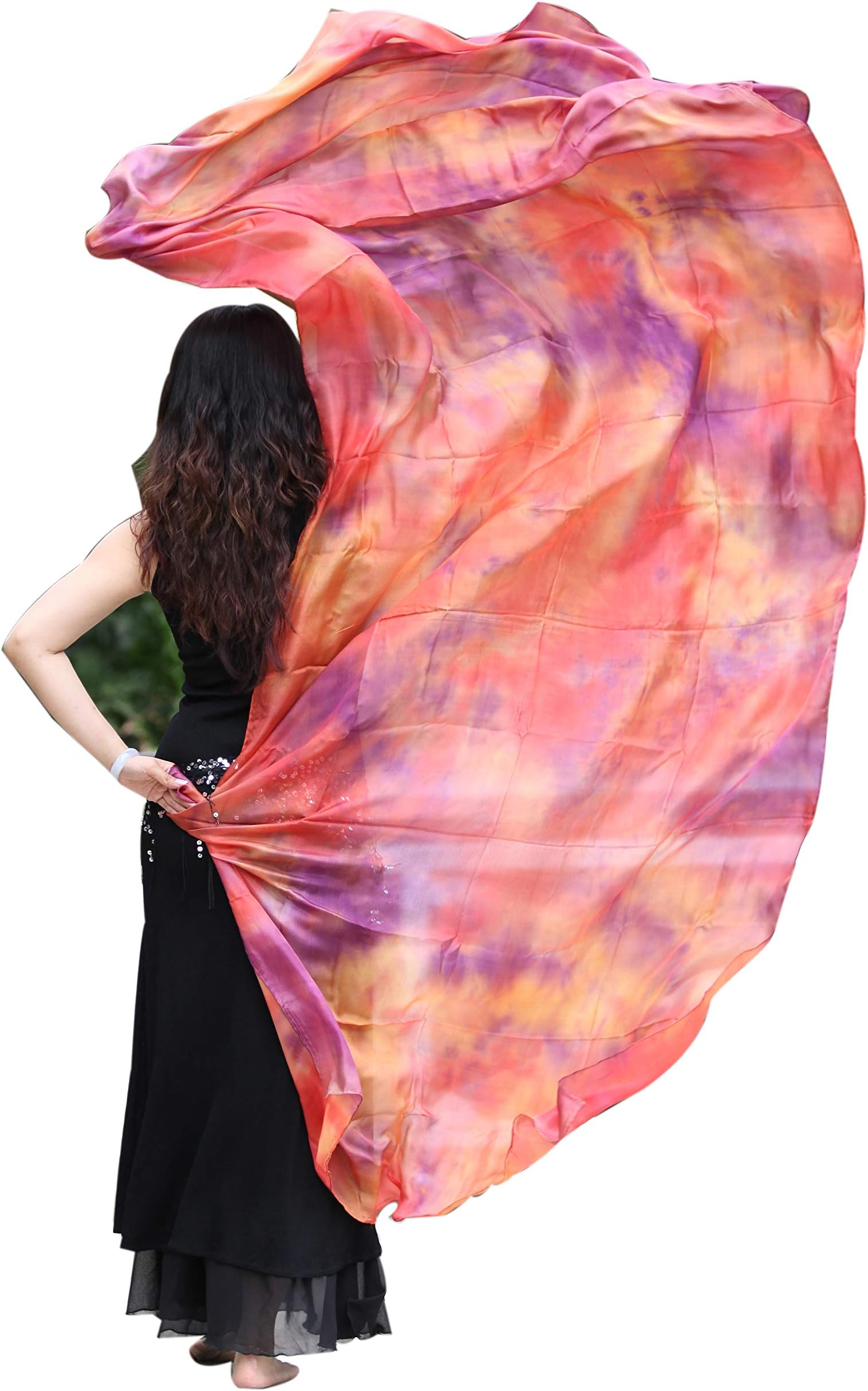 Sheer Tie-Dye Belly Dance Real Silk Veil, Flowy Oriental Bellydance Silk Scarf,Hand Rolled Edges