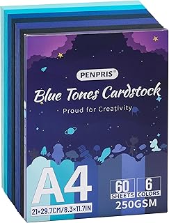 Tonos Azules Cartulina - 60 Hojas 6 Colores Cartulina Azul A4 Tamaño Papel Cartón 250gsm/92lb Cartulina Pesada para Impresora, Fabricación de Tarjetas, Artesanía DIY, Álbumes de Recortes PAC06MX2