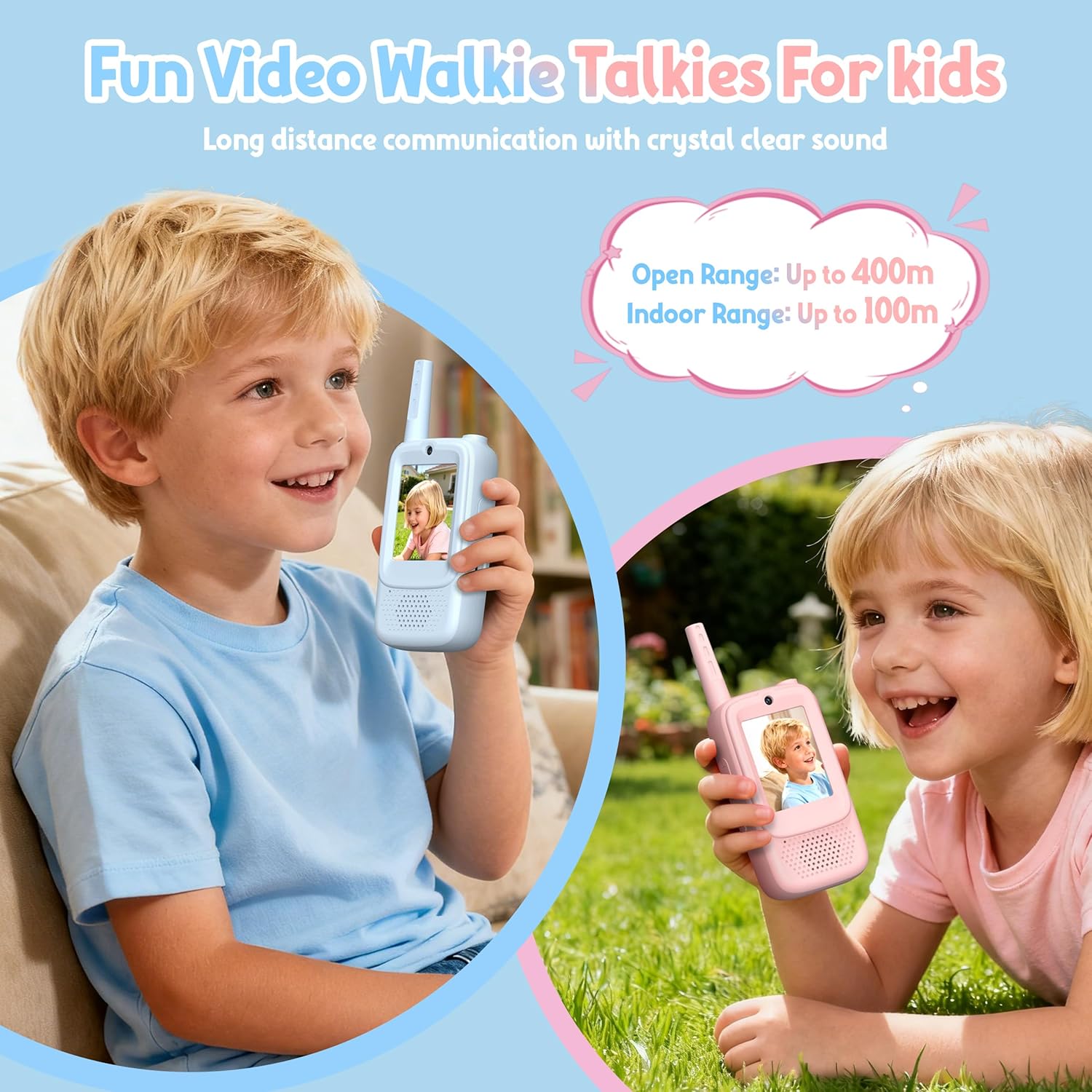 Rush Deer Video Walkie Talkies for Kids, 2 Pack Rechargeable Video Intercom Kids Walkies Talkies with HD Camera & Voice, Indoor Outdoor Games,Camping, Hiking for Boys Girls 3-14,Blue/Pink - Image 2
