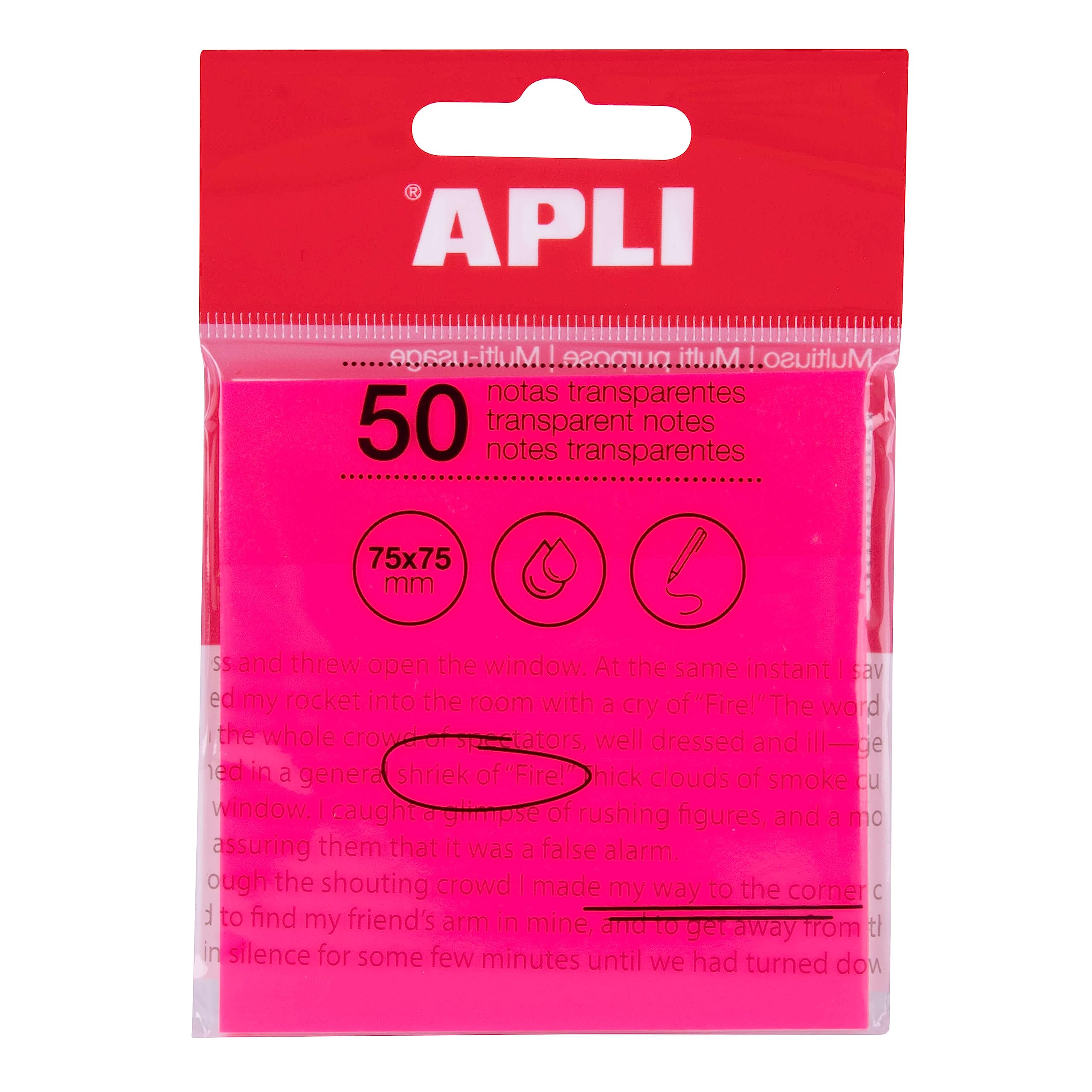 APLI 19570 Transparent Sticky Notes 75 x 75 mm Pink 50 Translucent Water Resistant Sheets Ideal for Students and Teachers.