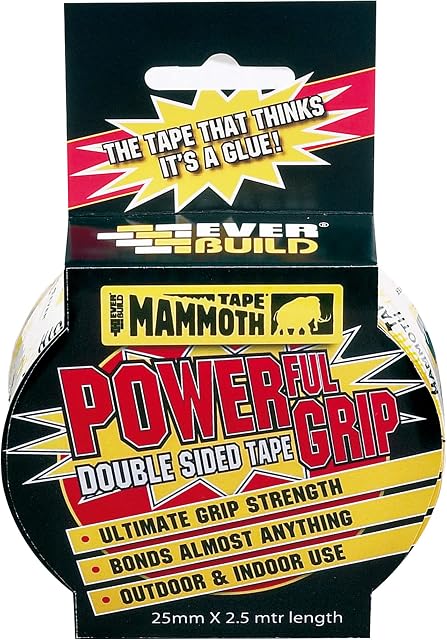 Everbuild Mammoth Powerful Grip Tape, Reinforced Double Sided Tape, Clear, 25 mm x 2.5 m