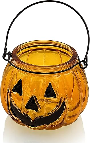 Miniatura 9 de Juego de 4 portavelas de Halloween, candelabros votivos de SHMILMH con mueca, metal colgante de calabaza Jack O Lanterns, decoración de Halloween,