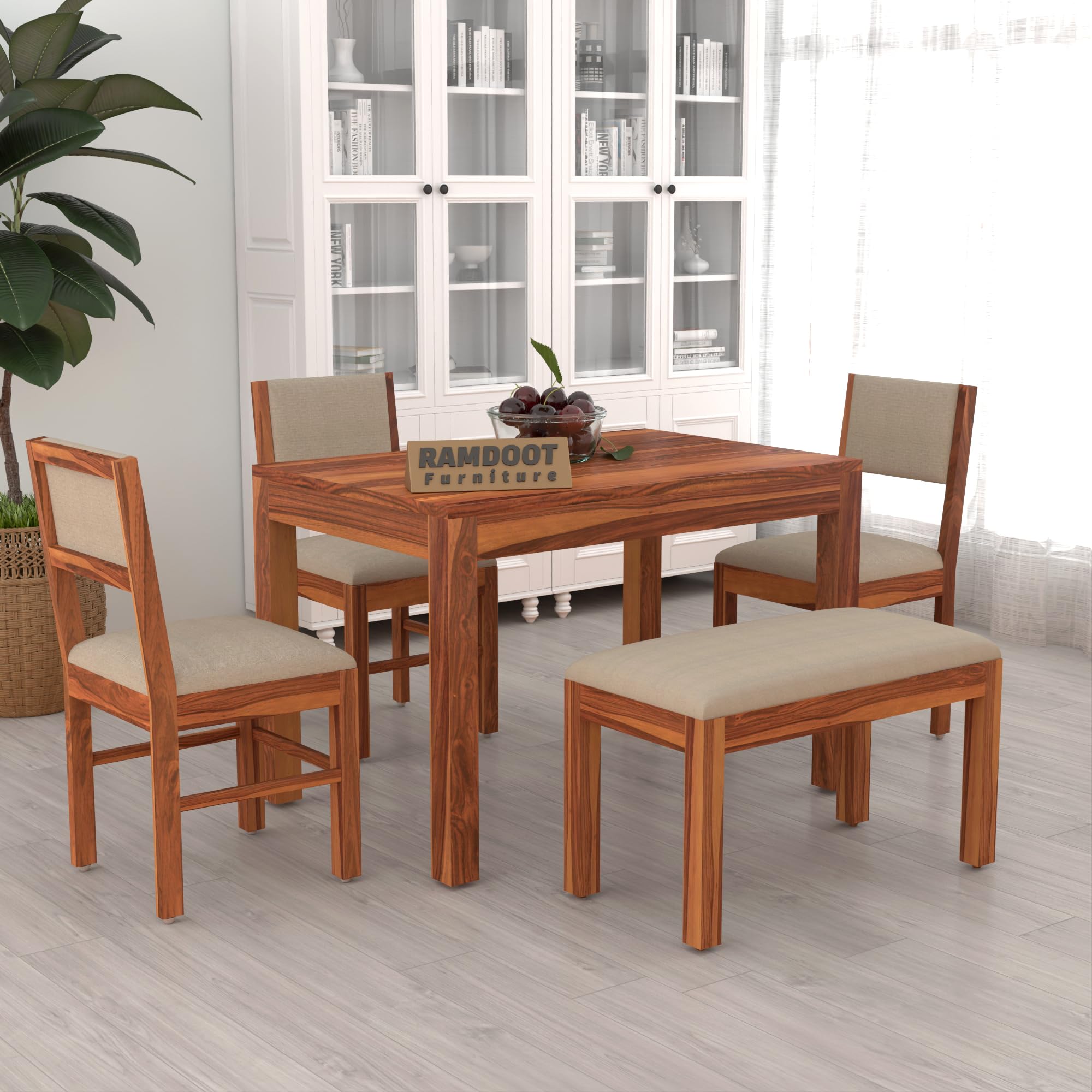 45 Inch Length Solid Sheesham Wood 4 Seater Dining Table Set | Four Seater Dinner Table with 3 Cushions Chairs & 1 Bench | Dinning Table Set 4 Seater for Living Room | Table & Chair Set | Honey Finish