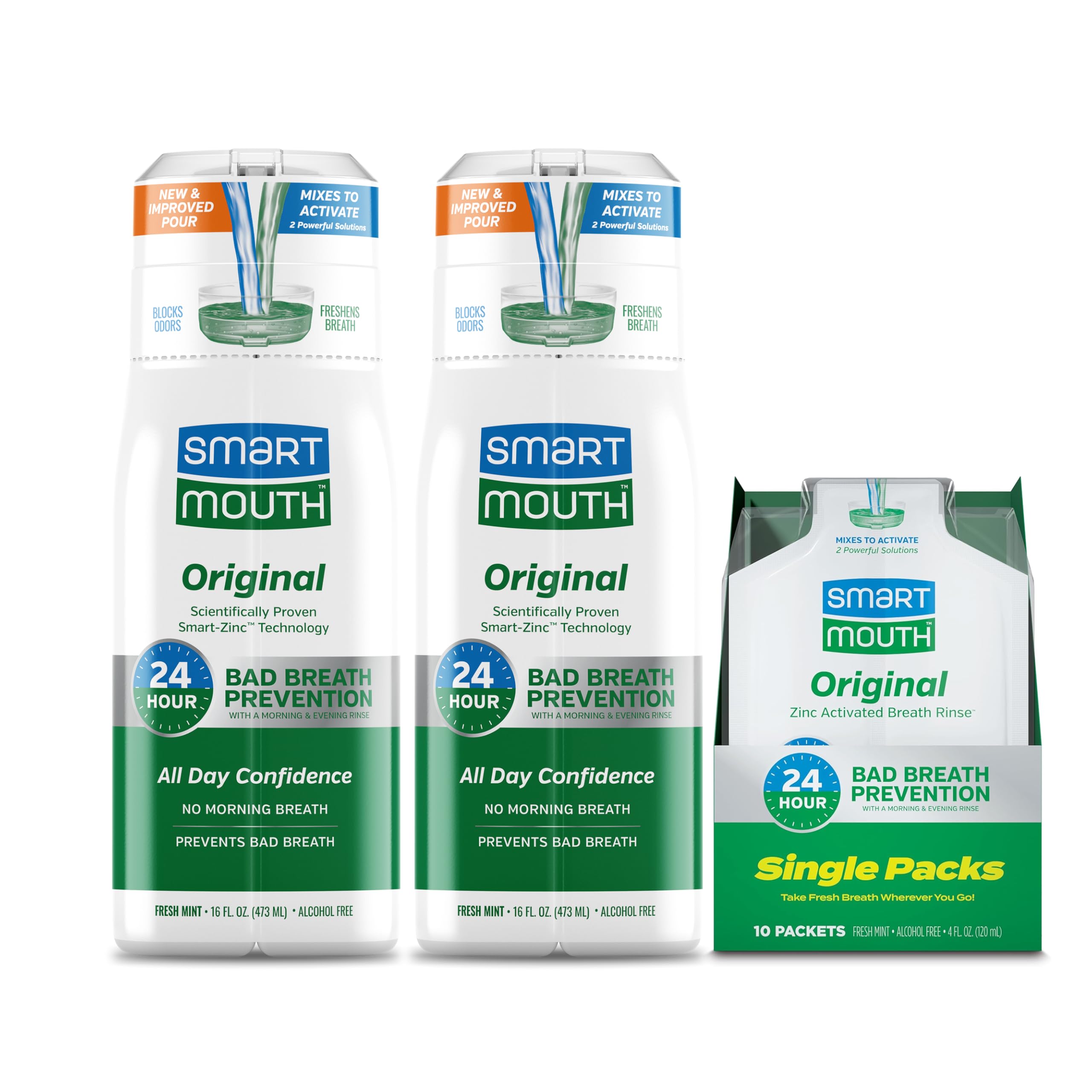 SmartMouthOriginal Activated 24hr Fresh Breath Rinse 2-pack and Single Travel Packs, Fresh Mint