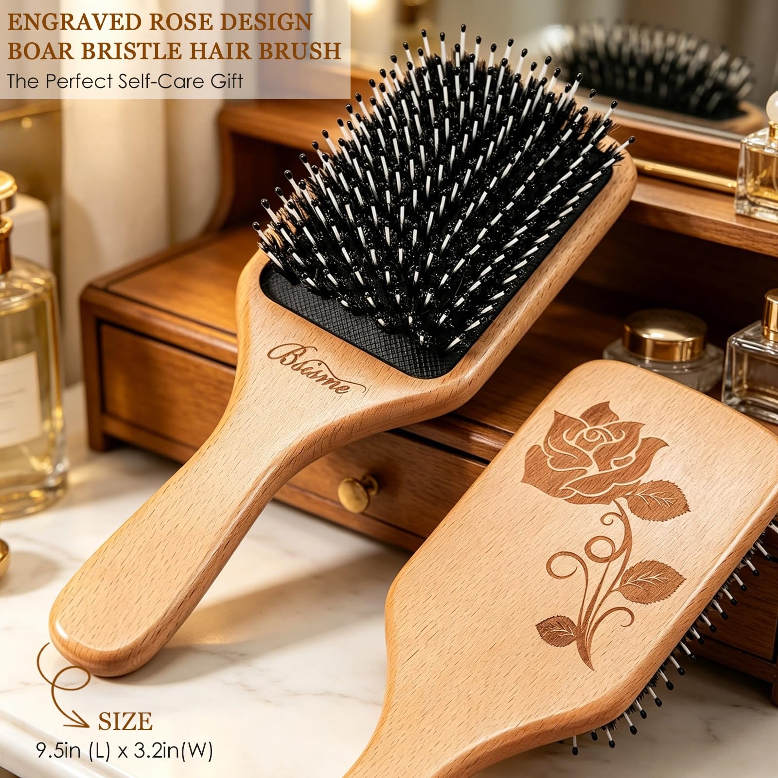 Bsisme Hair Brush-Boar Bristle Hairbrush with Detangling Pins Wooden Paddle Detangler Hairbrush for Women Men Reduce Frizz Dry Restore Natural Shine