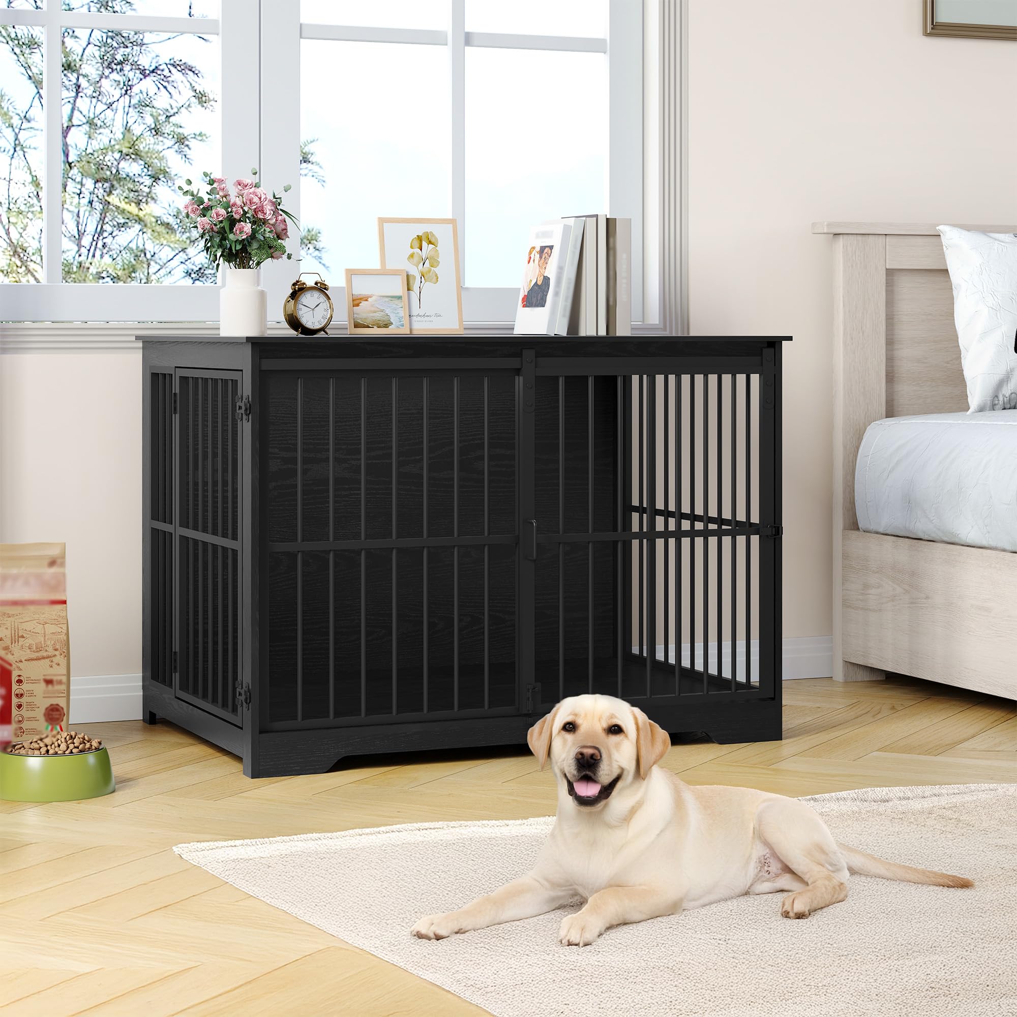 Hzuaneri 110cm Cage pour Chiens, Table d’Appoint, Niche Moderne pour Chiens, Cage pour Chiots, Maisonnette pour Animaux, 2 Portes, 110 × 65 × 81 cm, Noire DFC84404B