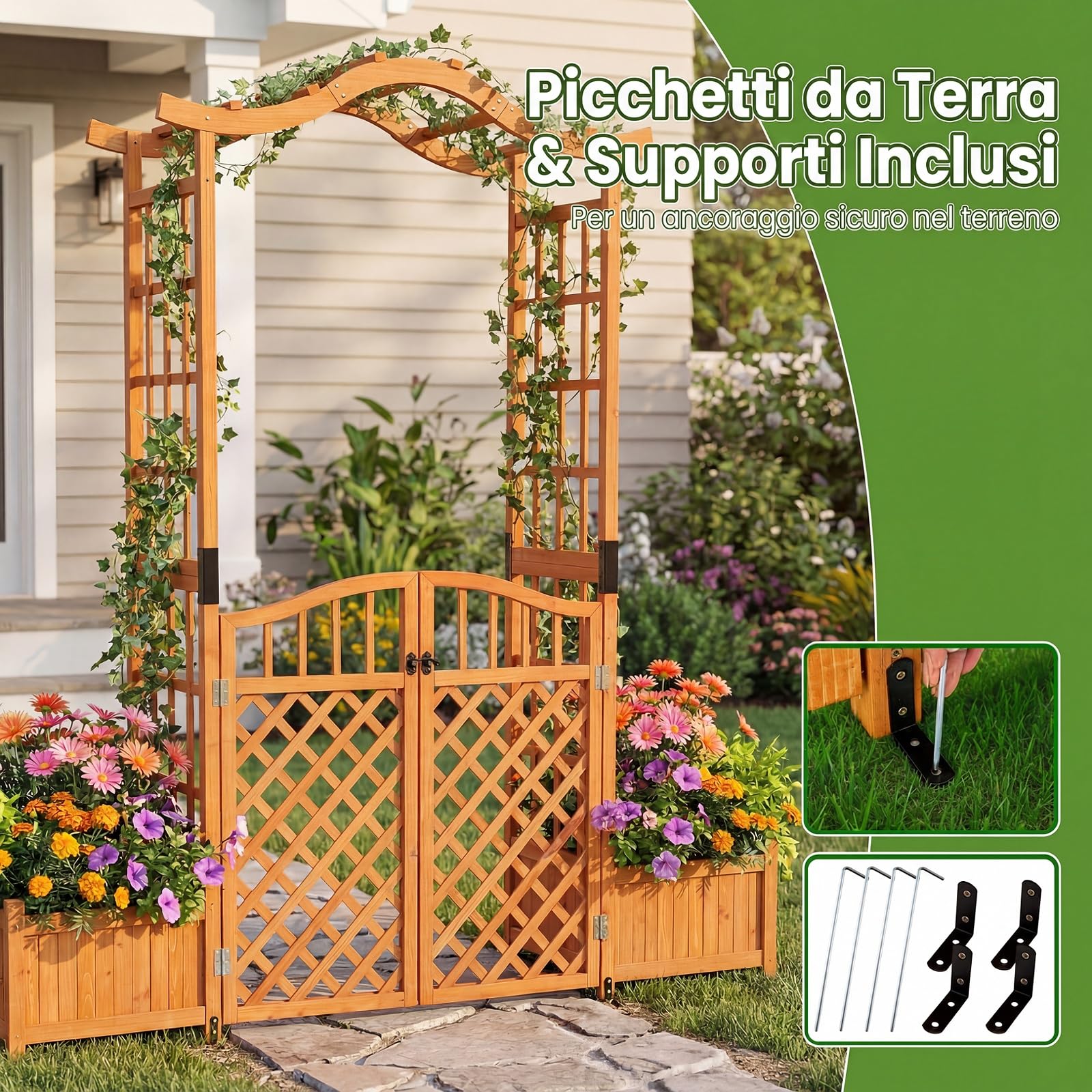 COSTWAY Arco da Giardino con Fioriere, Letto da Giardino Rialzato con Traliccio, Tetto, Fori di Drenaggio, Fondo Rimovibile e Cancelli Chiudibili, Pergolato da Esterno in Legno per Feste e Matrinomio